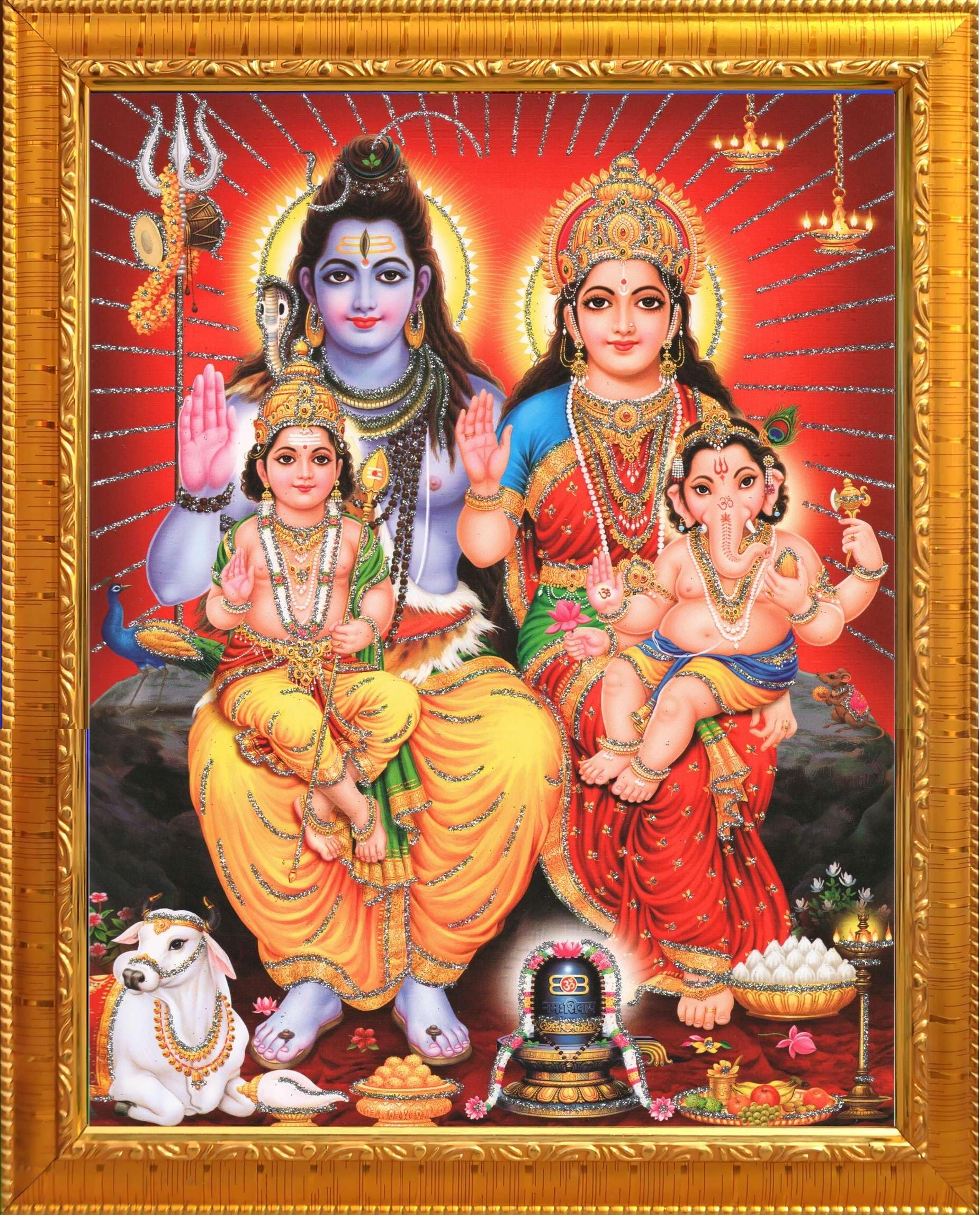 Shiv Parivar Religijna drewniana ramka na zdjęcia ze szkłem akrylowym (7 x 23 cm, złota)
