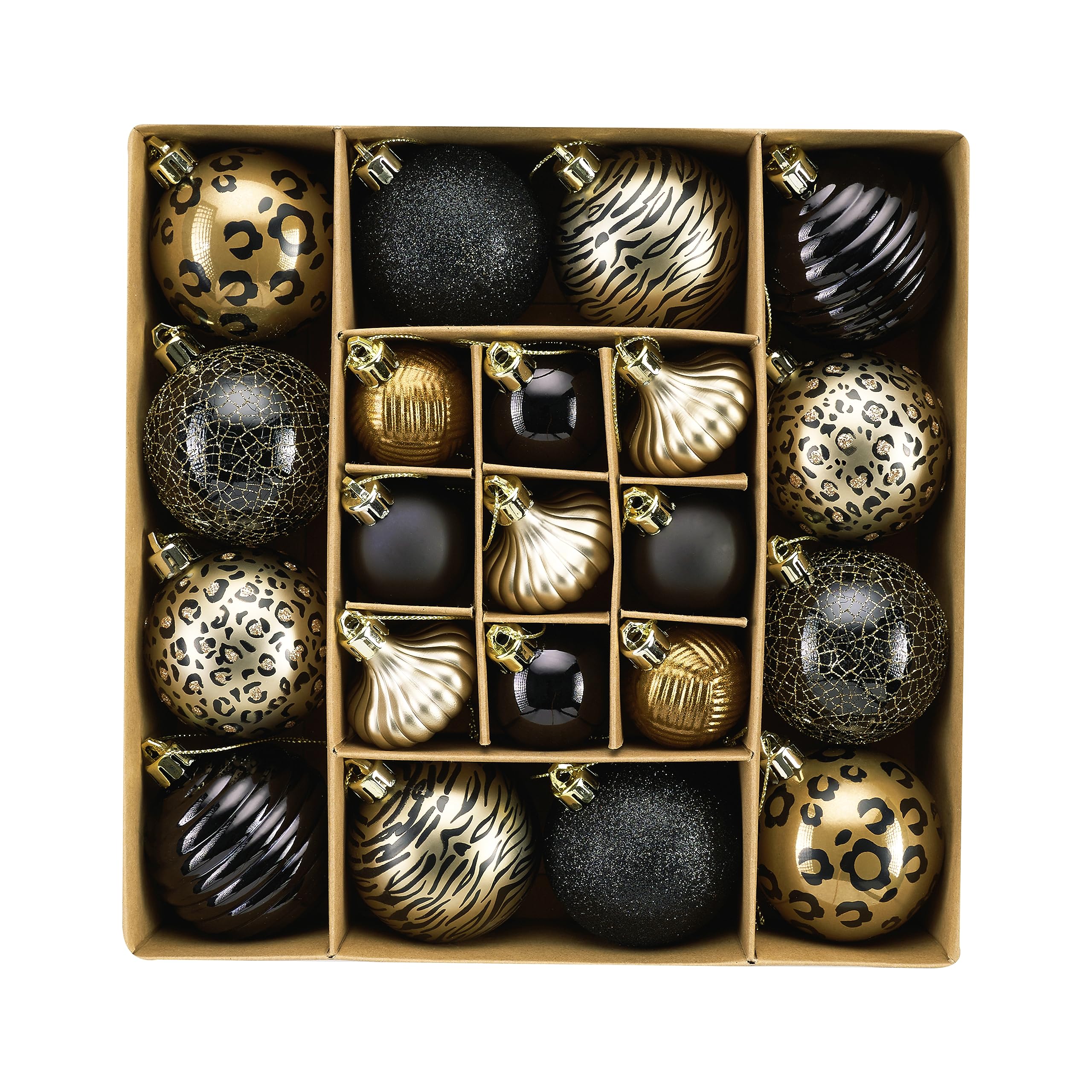 DecorbyHannah Christmas Ornaments Decorations,21ct Black Gold Christmas Tree Ornaments Set, Shatterproof Leopard Theme Decorative Hanging Ball Ornaments for Christmas Halloween Tree Table Decor