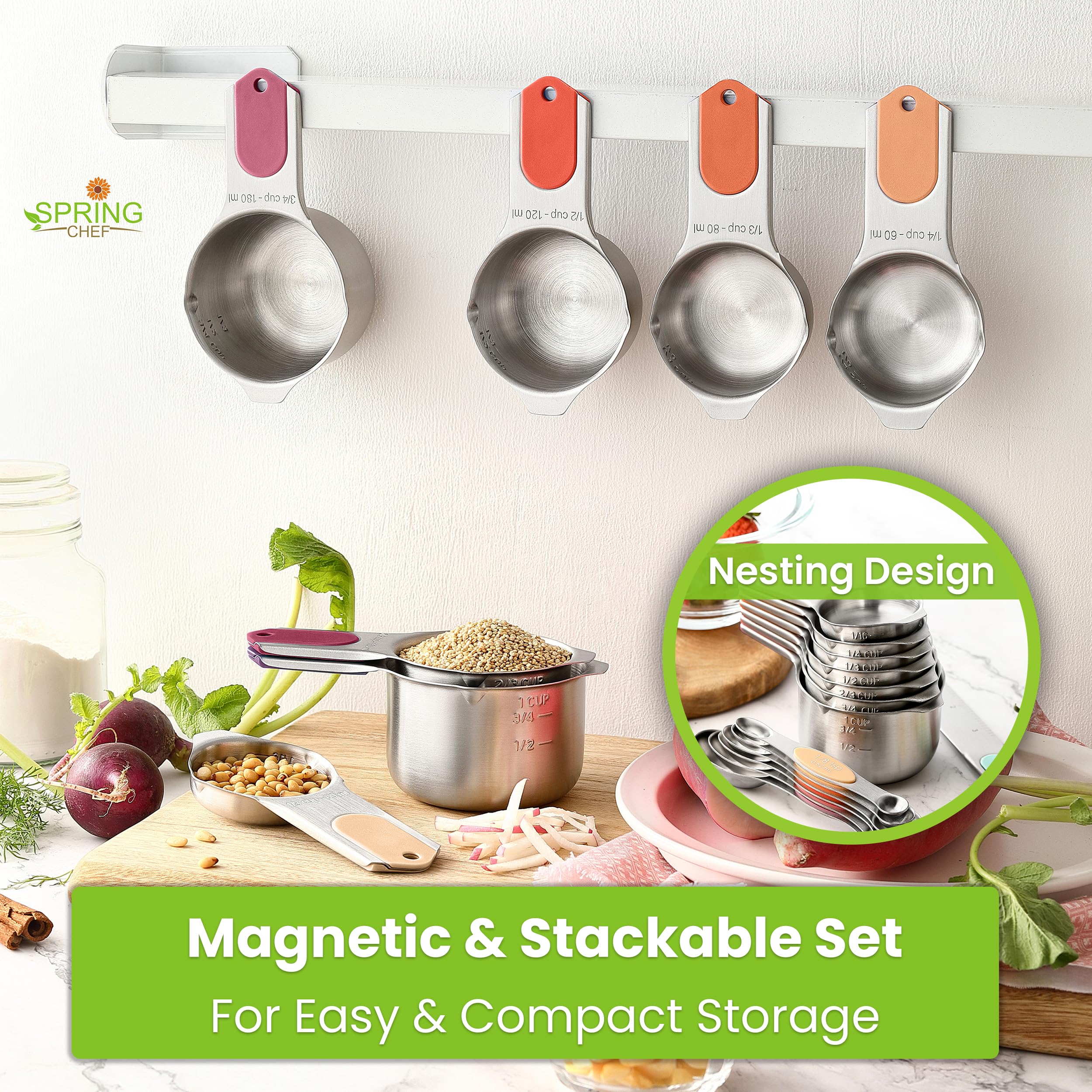 Spring Chef 16 magnetische Messbecher und Löffel, patentiert, Desert Sunset | Edelstahl-Messbecher und robuste Metall-Messlöffel mit Nivellierern für trockene und flüssige Zutaten