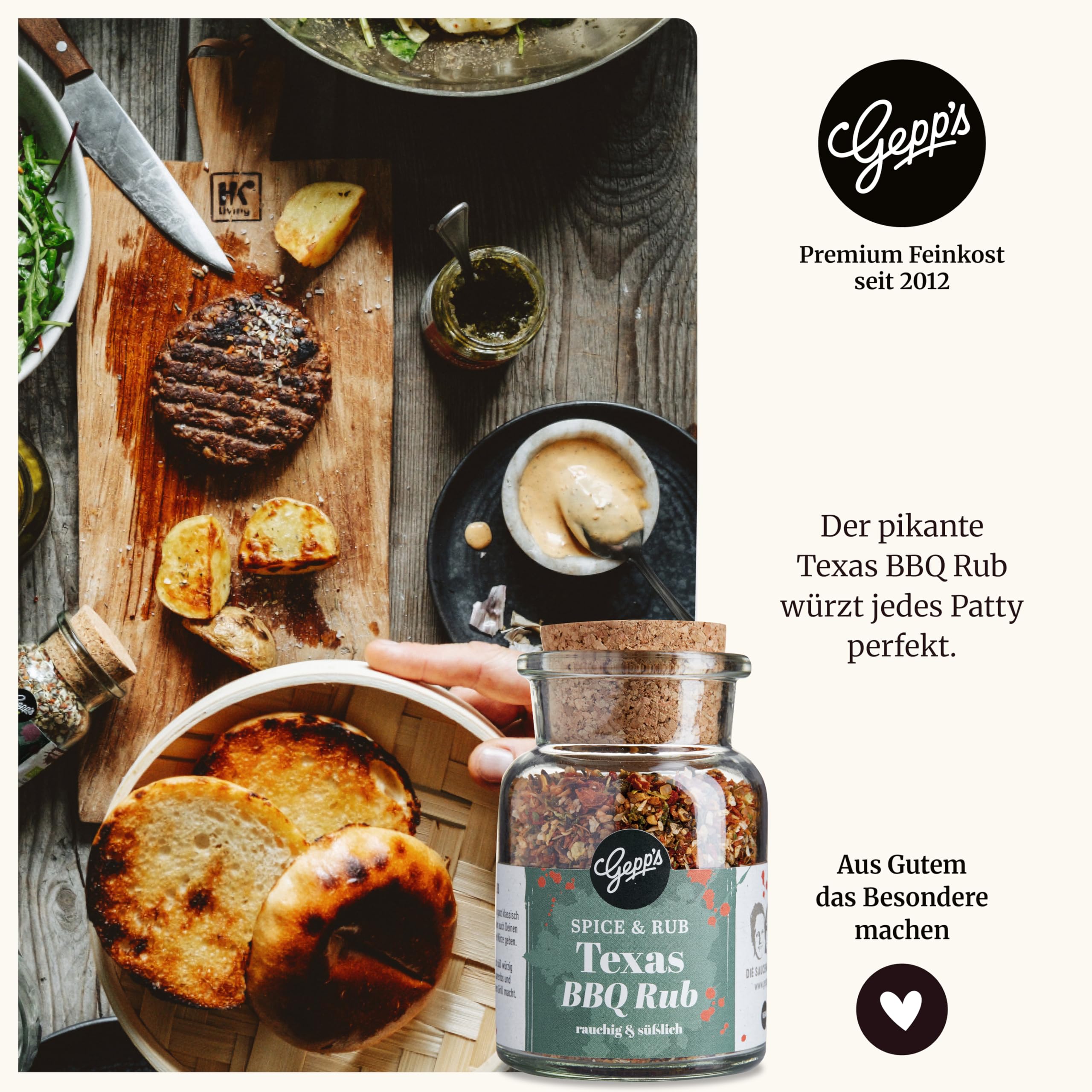 Gepp’s Feinkost Burgerbox Geschenkset mit Grill- und BBQ-Saucen, Texas BBQ Rub und Brioche