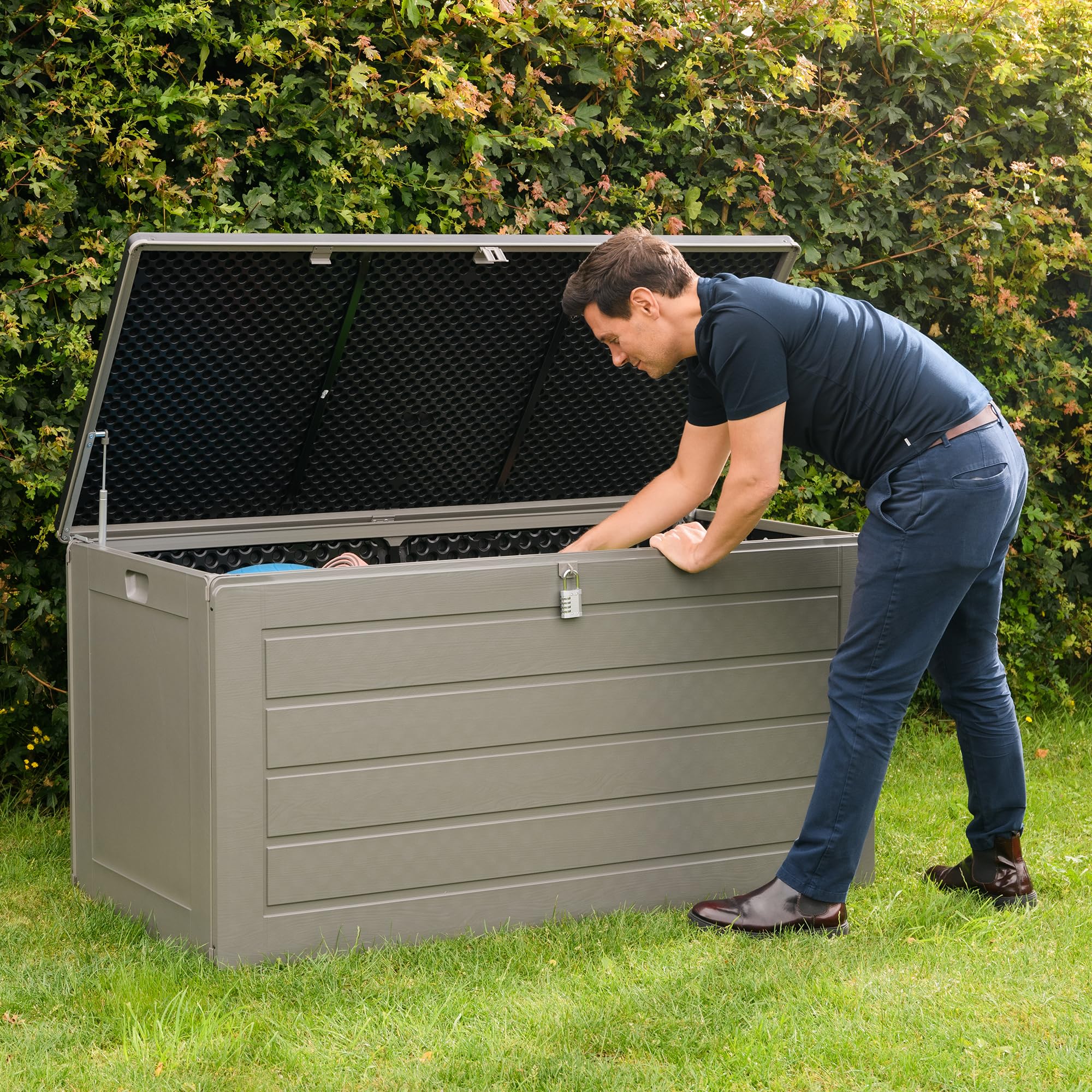 Olsen & Smith 680L XL Outdoor Garden Storage Box, Weatherproof Wood Effect Outdoor Storage Box, Lockable Large Storage Box with Lid, Padlock, Seat, Storage Boxes with Lids, Anthracite, 146 x 71 x 75cm — view 2