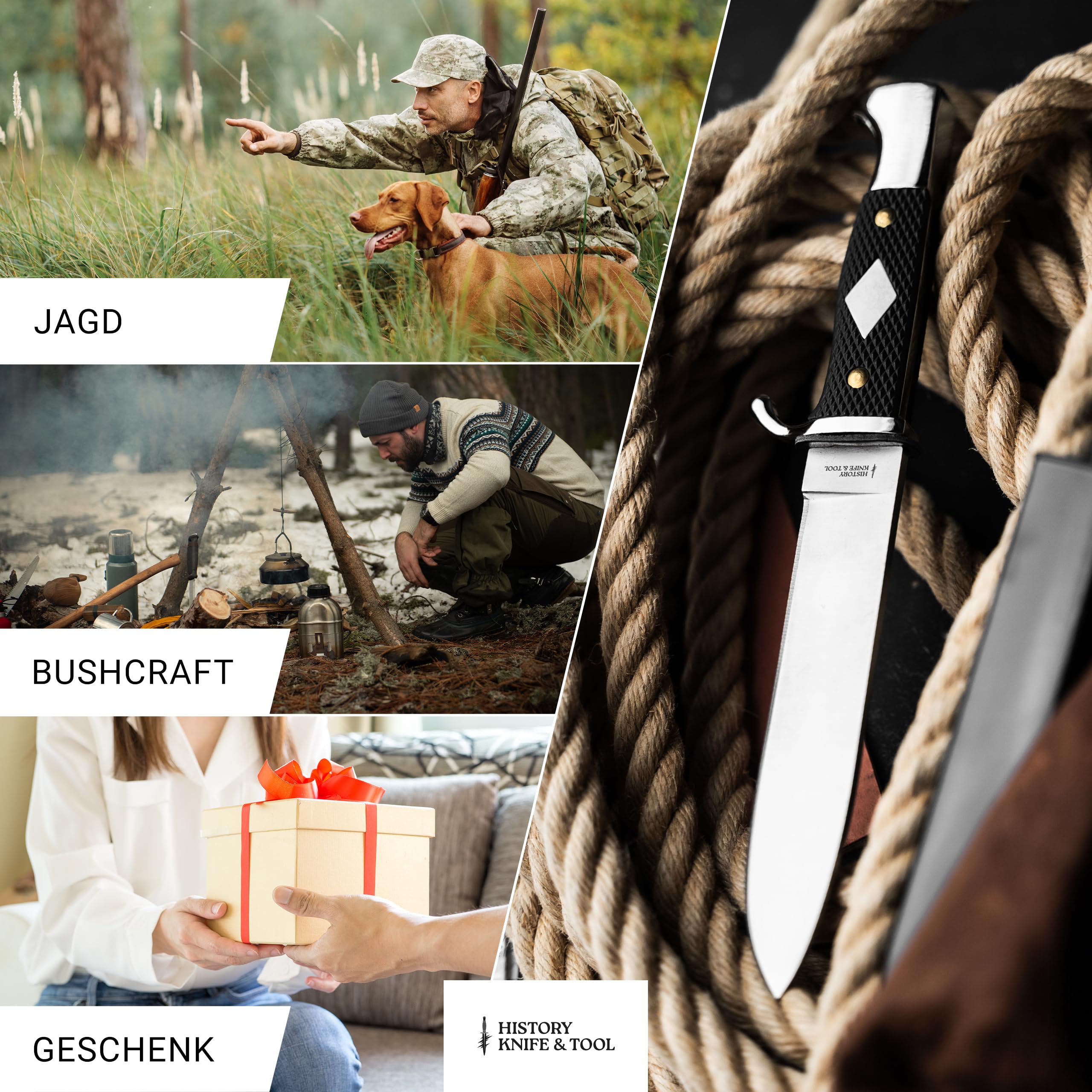 HISTORY KNIFE & TOOL® - German Scout Knife - klassisches Pfadfindermesser mit 14 cm Klinge - Fahrtenmesser traditionell mit schwarzem Griff - historisches Gürtelmesser feststehend mit Metallscheide