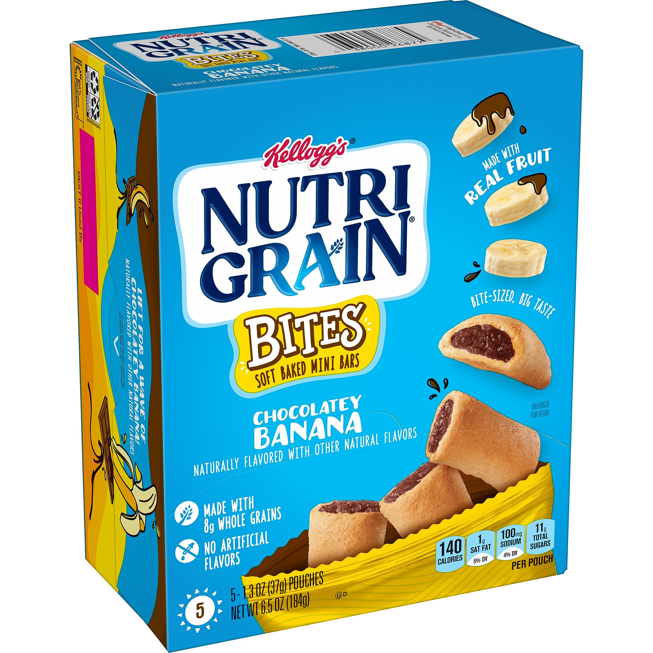 Nutri-Grain Bites Mini Breakfast Bars, Made with Whole Grains, Kids Snacks, Chocolatey Banana, 6.5oz Box (5 Pouches)