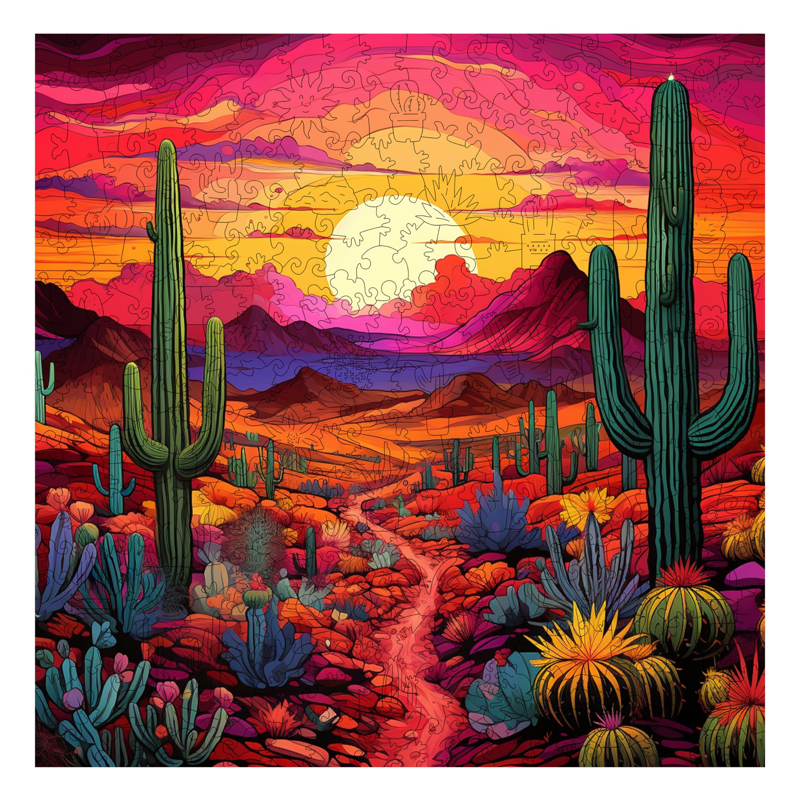 Wooden Puzzle for Adults, 300 Piece Cactus Desert Plant Puzzle Art, Desert Therapy Jigsaw Puzzle, Vibrant Succulent Wall Decor Set Thanksgiving Gift