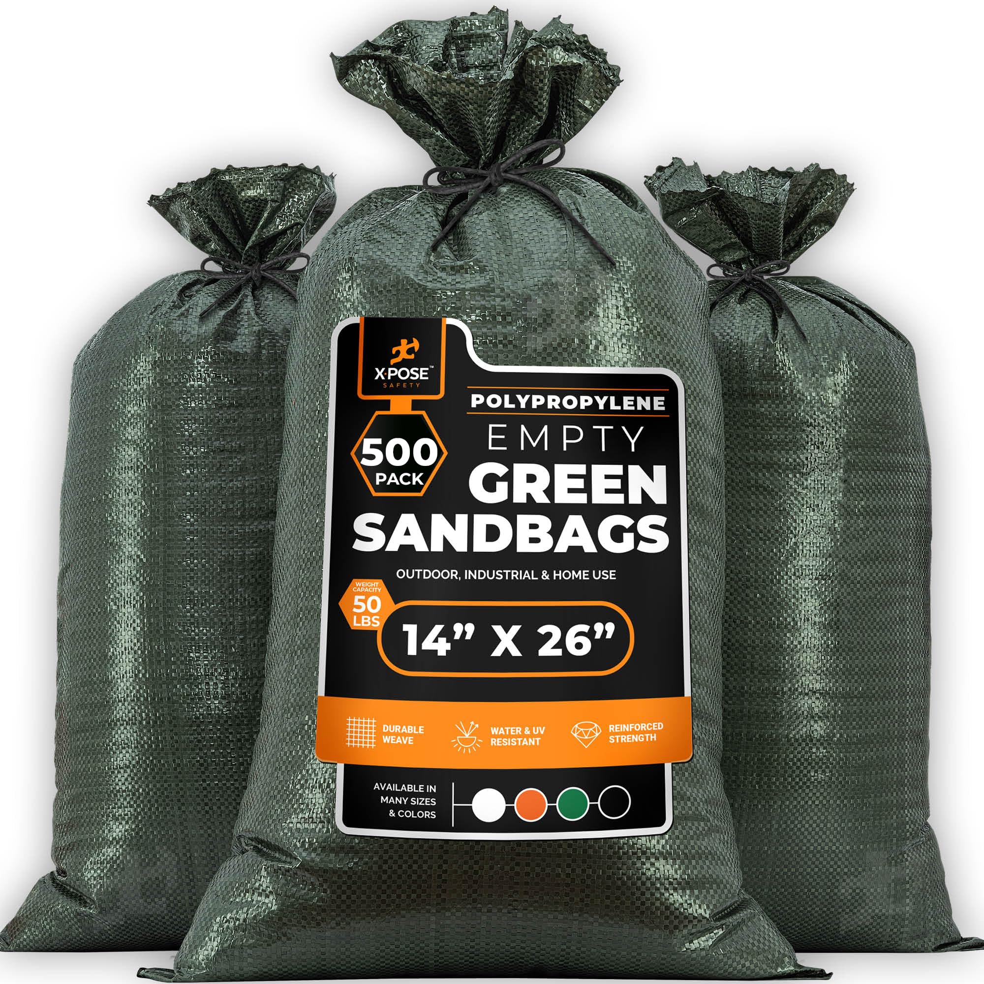 Xpose Safety Heavy Duty Sand Bags with Tie Strings – Empty Woven Polypropylene Sandbags for Hurricane Flood Protection, 50 lb Capacity, 14" x 26", Green, Pack of 500