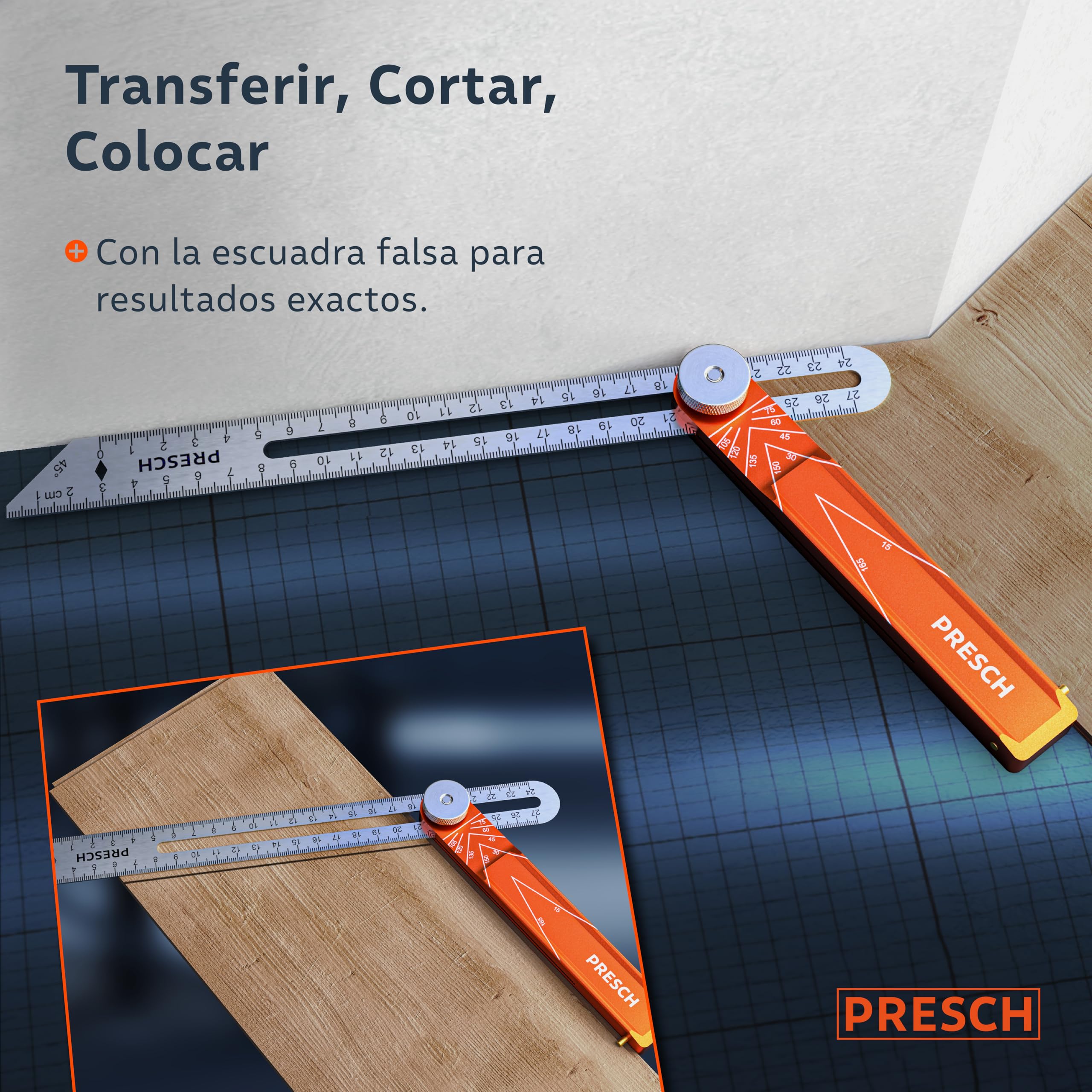 Presch Falsa Escuadra incl. regla adicional - 190mm & 270mm - Transferir ángulos de extrema precisión - Regla con función trazado fabricada en aluminio mecanizado con precisión y acero inoxidable