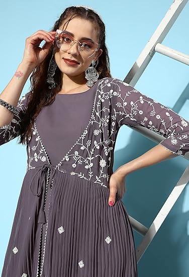 LYMI LABEL Gown for Women - Georgette 3/4 Sleeve Long Maxi Dress Gown with Attached Shrug for Traditional, Ethnic Indo