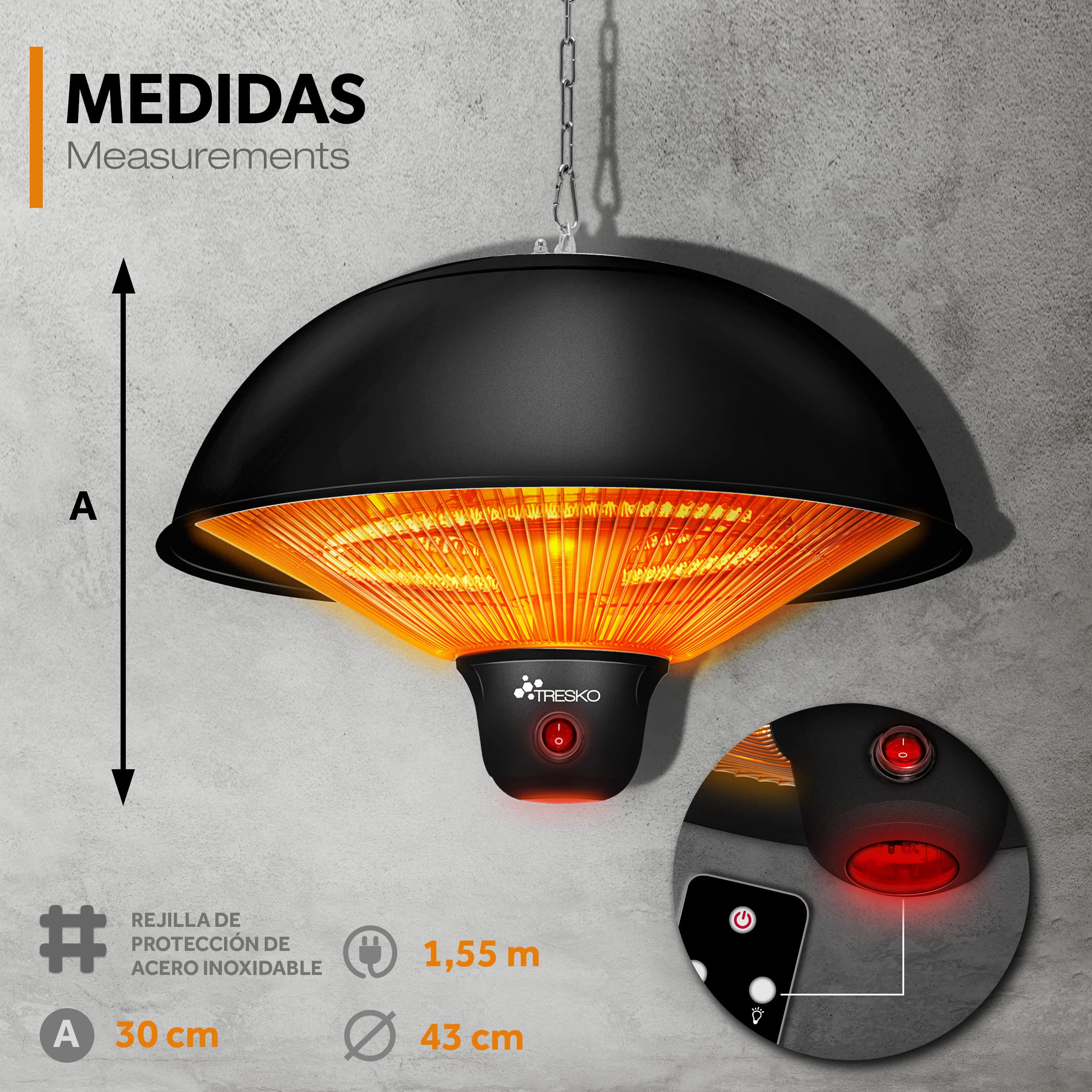 TRESKO Calefactor por Infrarrojos de Pared | 1500W + Control Remoto | Estufa Radiante de Terraza con 3 Temperaturas | Radiador Eléctrico para Exterior e Interior | Calentador de Techo (Negro)