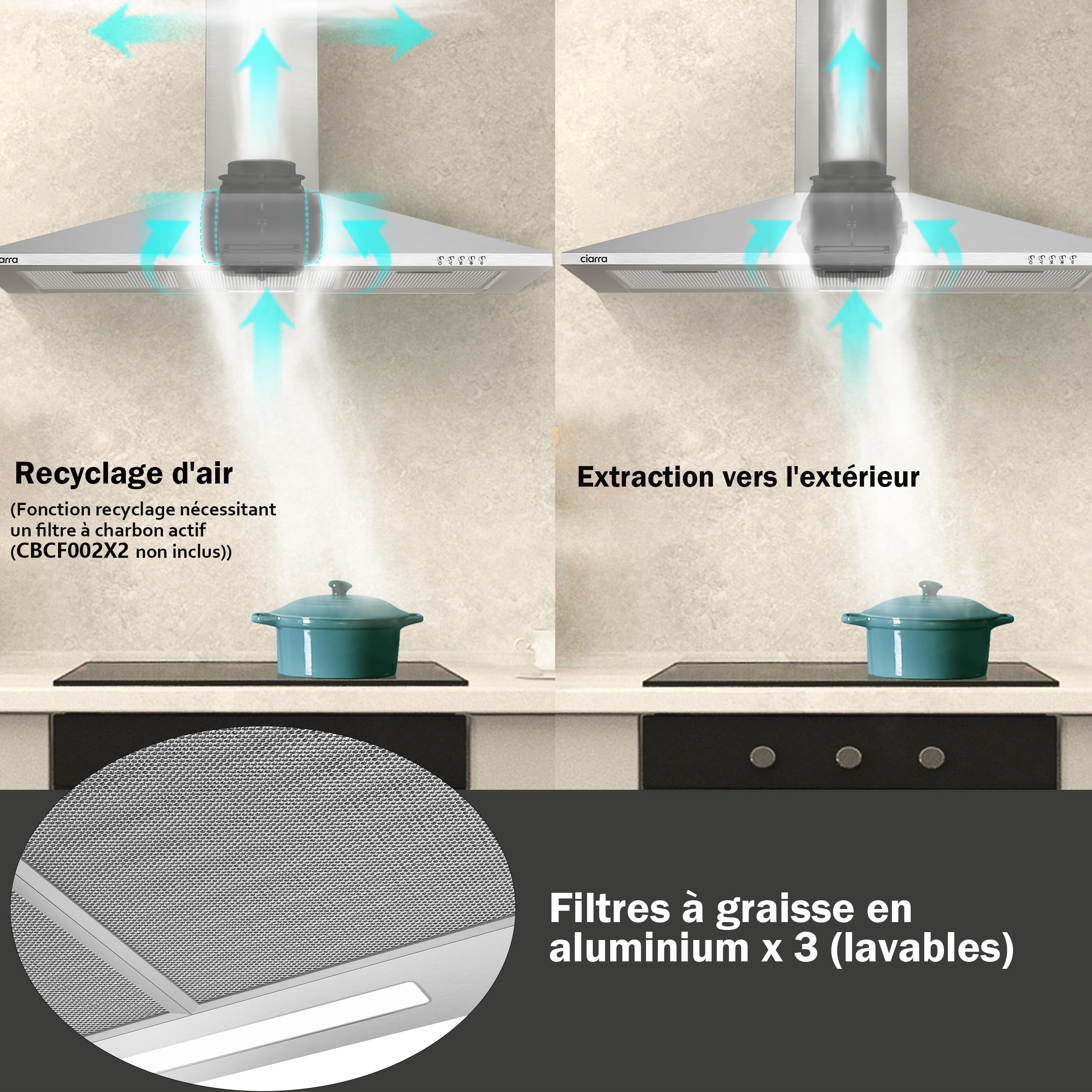 CIARRA CAS9201A Hotte Aspirante 90 cm Classe A - 370m³/h - Recyclage ou Evacuation - Cheminée Extensible - Hotte Noire - Acier Inoxydable