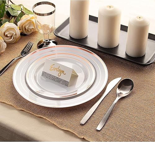 Miniatura 3 de Platos de plástico para boda vajilla desechable color blanco con borde de oro rosa