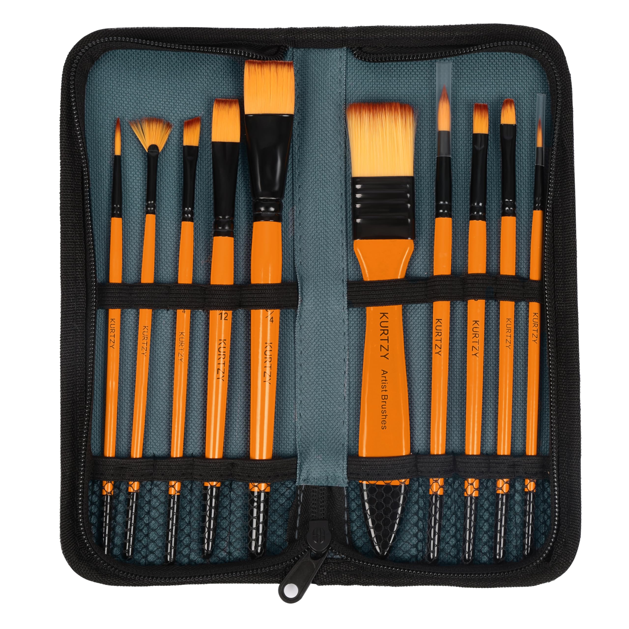 Kurtzy Set de Pinceles con Estuche - 10x Pincel Finos Planos Grandes y Pequeños para Pintura Acrilica Acuarela Oleo Modelismo Textil Miniaturas y Más - Aficionado o Profesional