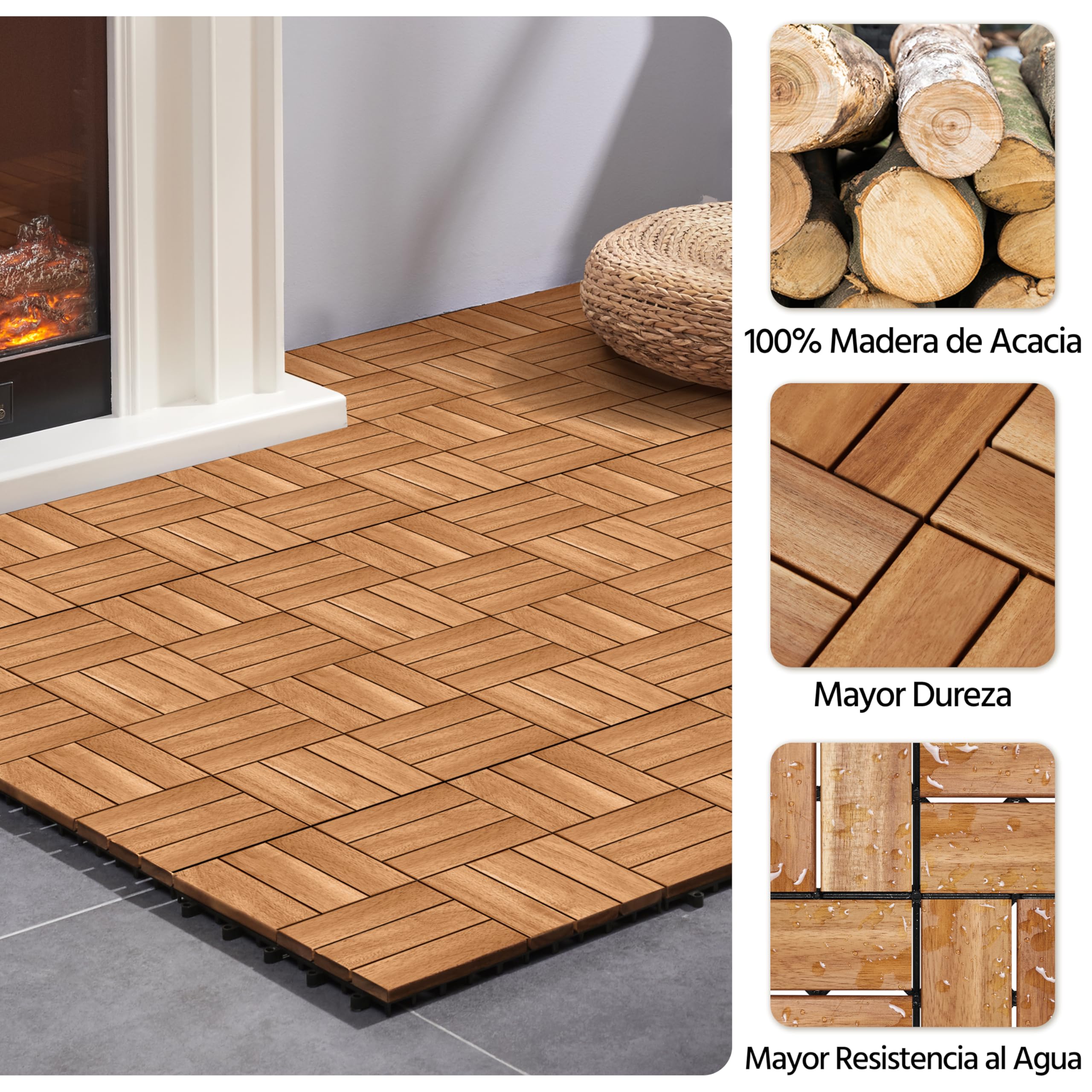 Yaheetech 27 Piezas Baldosas de Madera de Acacia 30x30cm /2,6 m² Suelo Terraza Exterior Azulejos de Entrelazados para Jardín Balcón Jardín Patio Antideslizante
