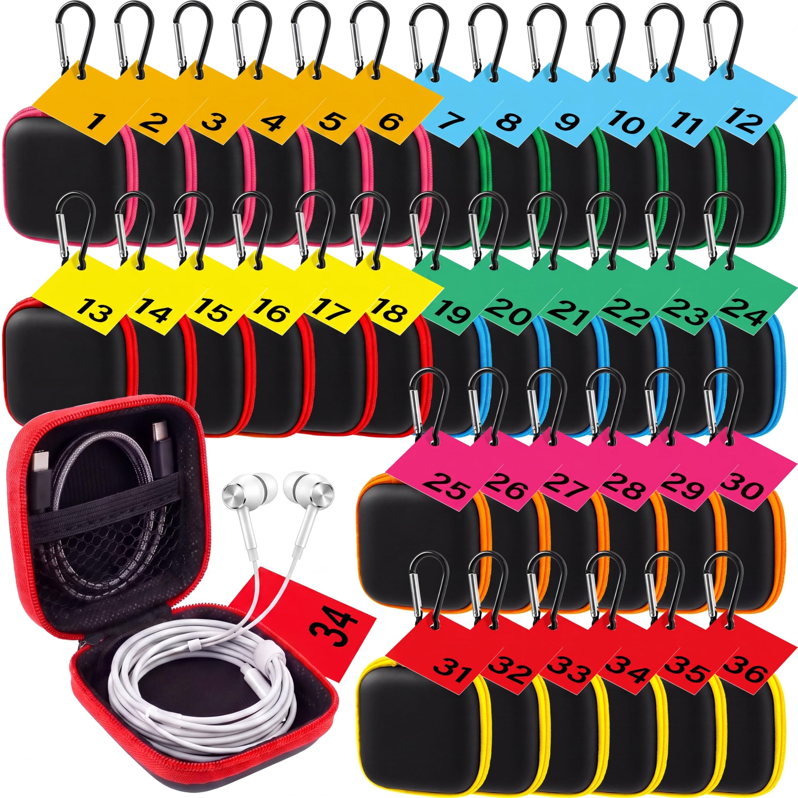 Kingdder 36 fundas para auriculares de regreso a clases con tarjetas de números coloridos, organizador de accesorios, soporte de auriculares de etilvinilacetato para escuela, aula, profesores