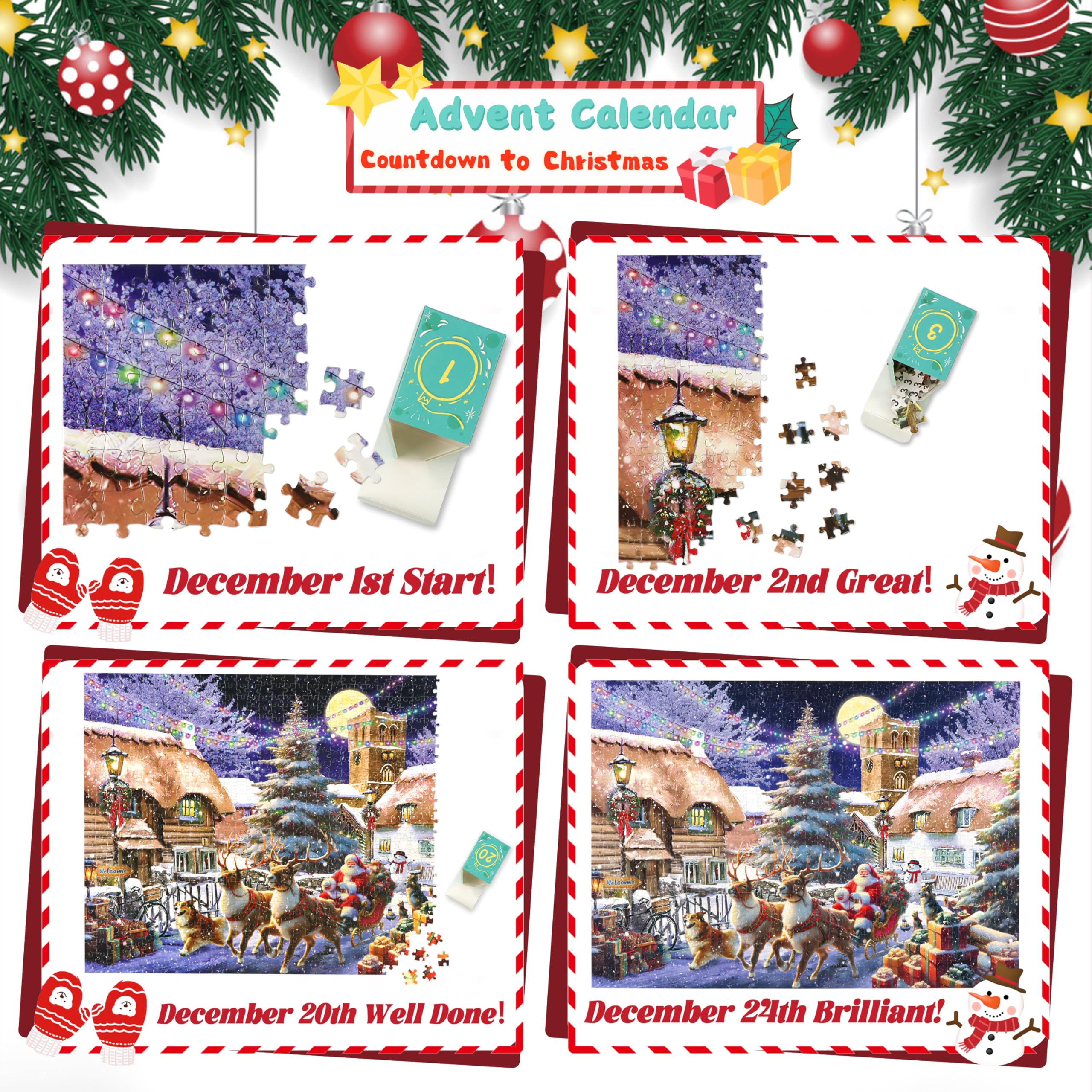 Puzzle Advent Calendar 2025 - Christmas Santa's Sleigh Ride 1008 Pieces Christmas Puzzle for Adults kids, 24 Days Holiday Puzzle Countdown to Christmas as Home Decoration