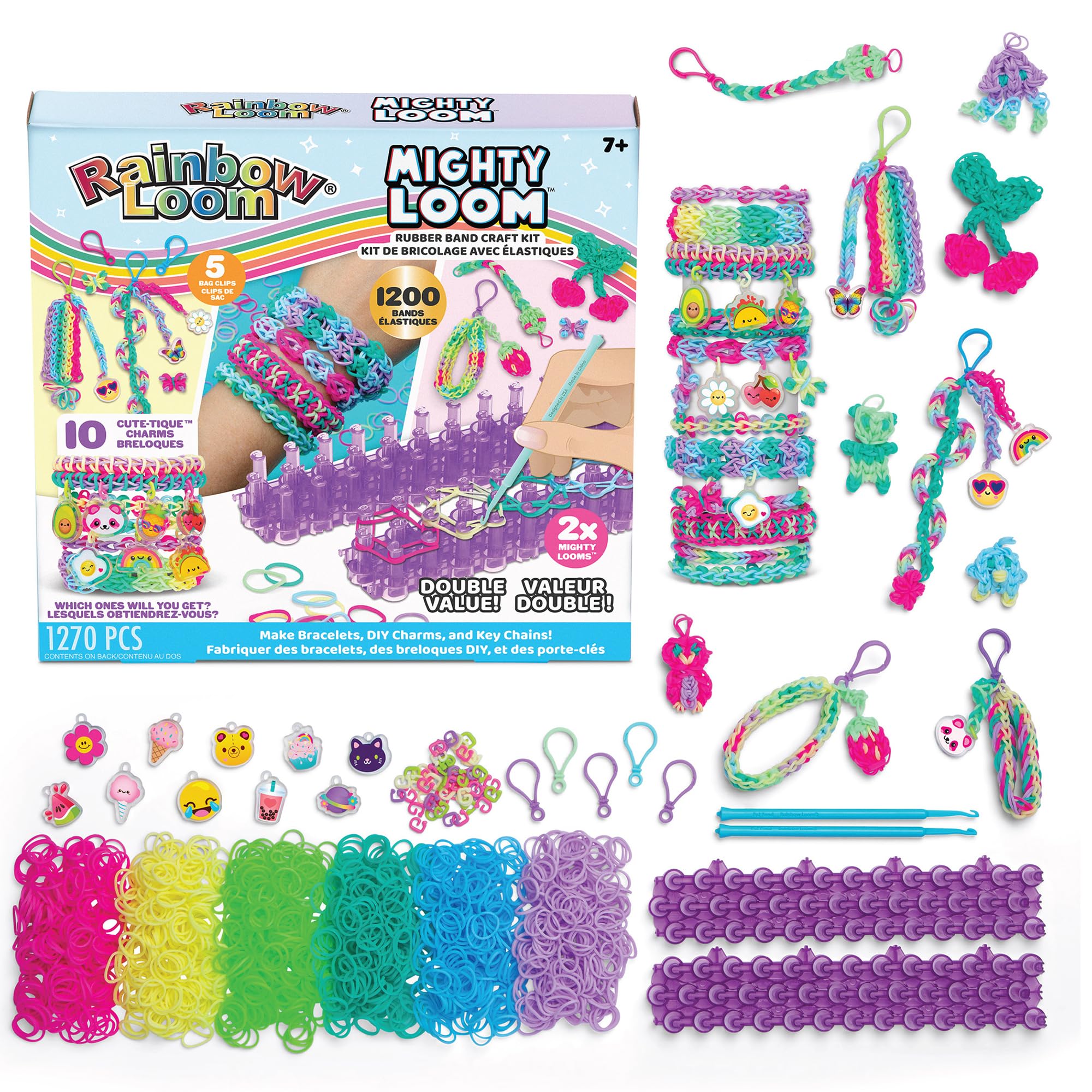 Rainbow LoomMighty Loom 1200+ Piece Rubber Band Bracelet Making Kit,  Craft DIY Jewelry Keychains, Mighty Looms, 10 Cute-Tique Charms, Kids 7+
