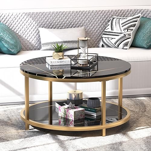 Miniatura 3 de WiberWi Mesa auxiliar redonda de 33.5 pulgadas para sala de estar, parte superior de mármol negro sintético de alto brillo, mesa circular moderna