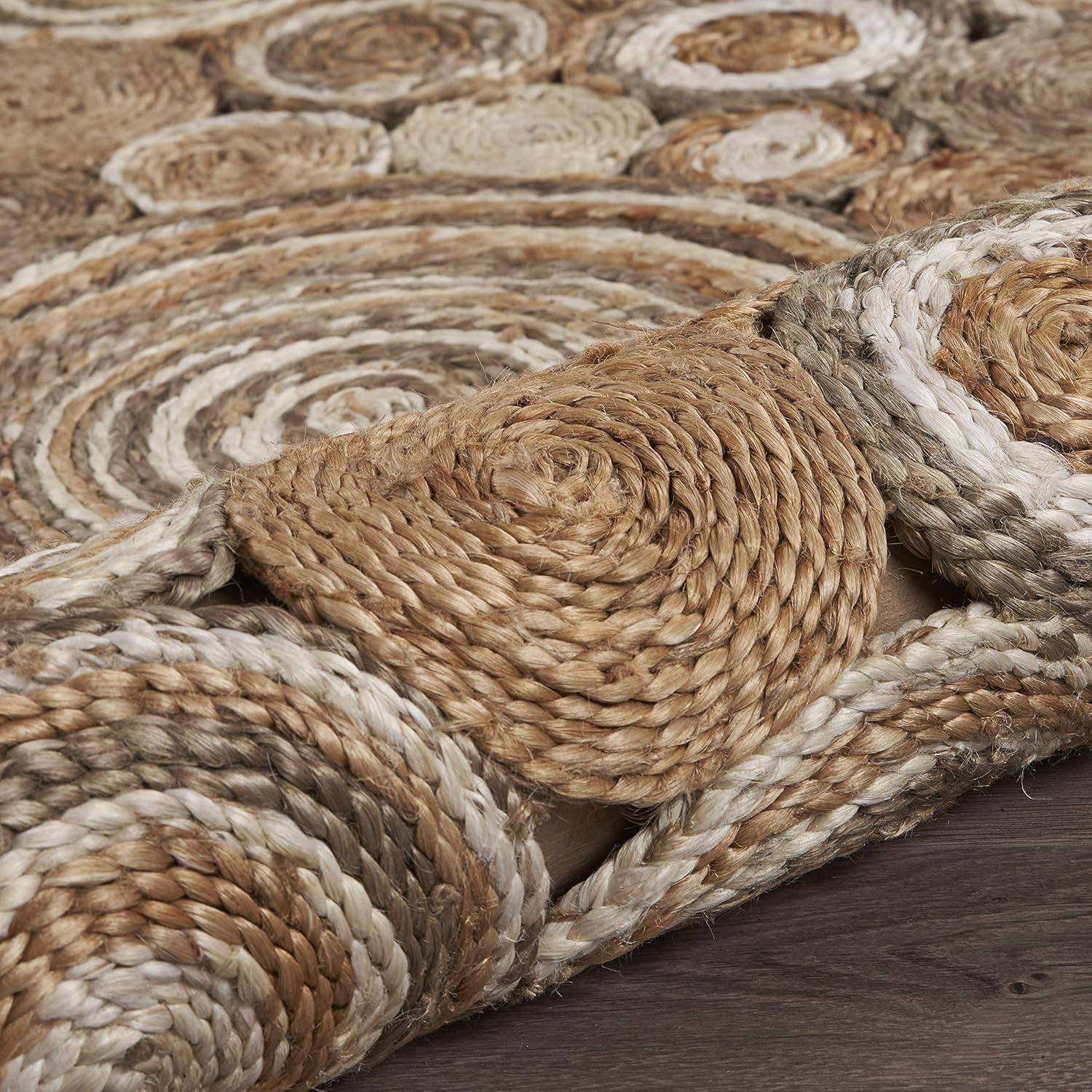 LR Home Natural Jute 4ft Round Area Rug for Home Decor | Braided Jute Rugs for Living Room, Bedroom, Playroom | Bohemian Farmhouse Indoor Carpet for Room Decor | Natural/Bleach Gray