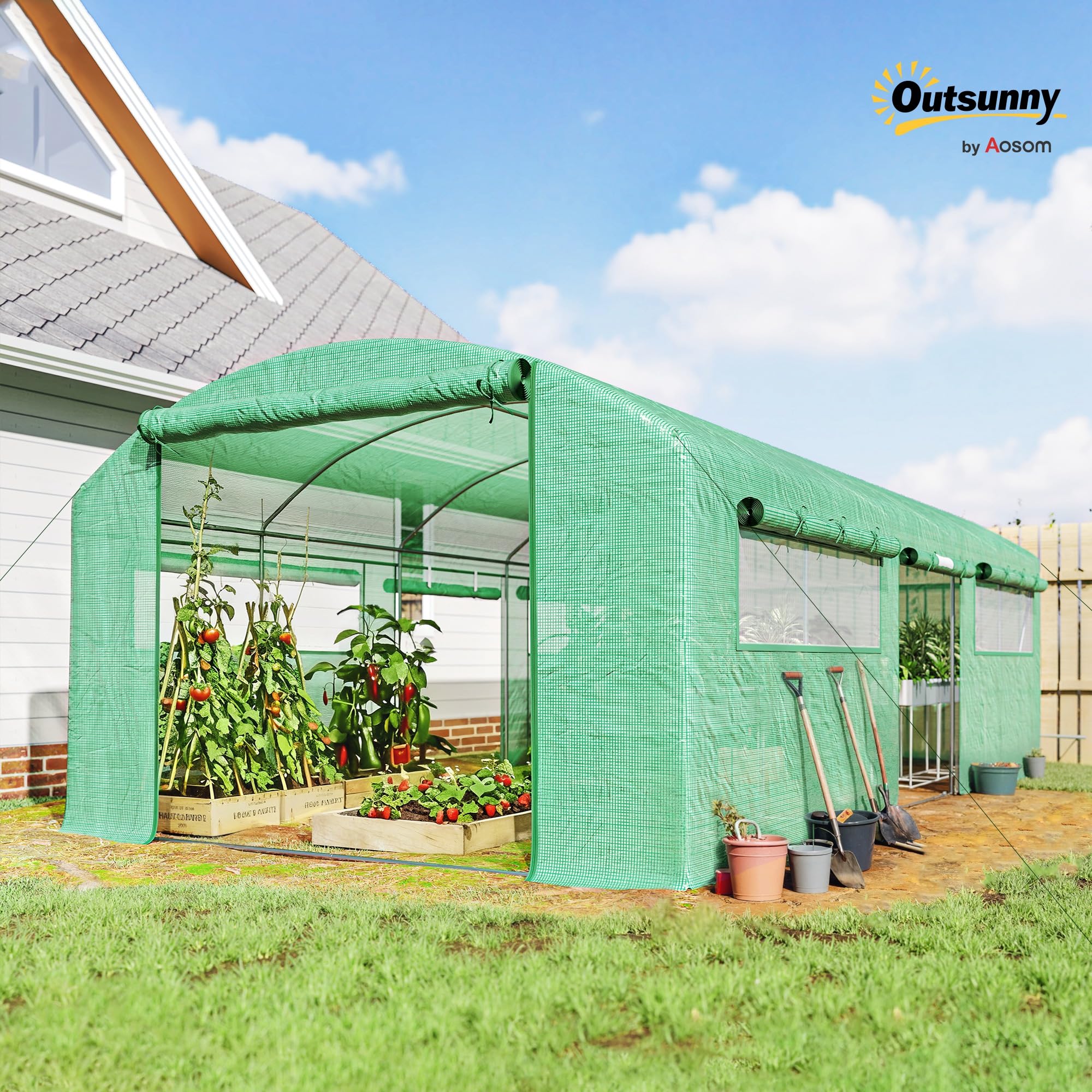 Outsunny Invernadero de Exterior 6x3x2 m Invernadero de Túnel con 6 Ventanas de Malla Cubierta de PE Anti-UV y 3 Puertas Enrollables con Cremallera para Jardín Patio Verde