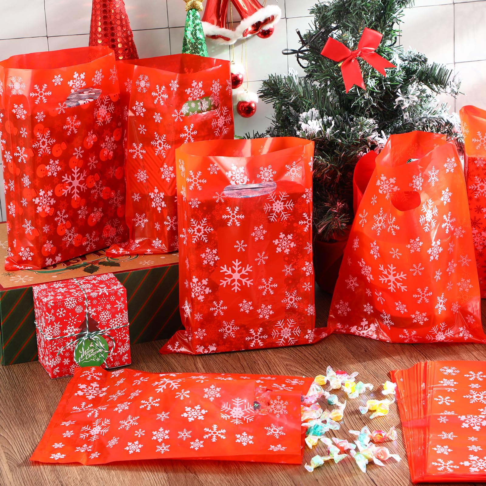 Teling 150 sacchetti regalo con fiocchi di neve, colore rosso, 30,5 x 38,1 cm