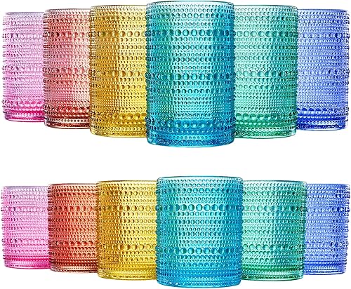 Hobnail - Vasos para beber con cuentas de colores, juego de 12, 6 vasos de 11 onzas + 6 vasos Highball de 12 onzas con diseño de burbujas, agua,