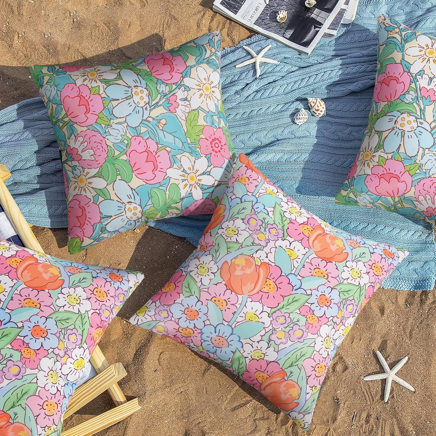 JASEN Outdoor Waterproof Throw Pillow Covers 18x18 Inch, Spring Floral Double Sided Decorative Square Covers for Patio Furniture Garden Square Couch & Sofa - Pack of 2 (Floral B)