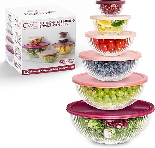 COOK WITH COLOR Juego de 12 cuencos de vidrio para mezclar con tapas, cuencos de vidrio de borosilicato para cocinar, hornear y preparar comidas,