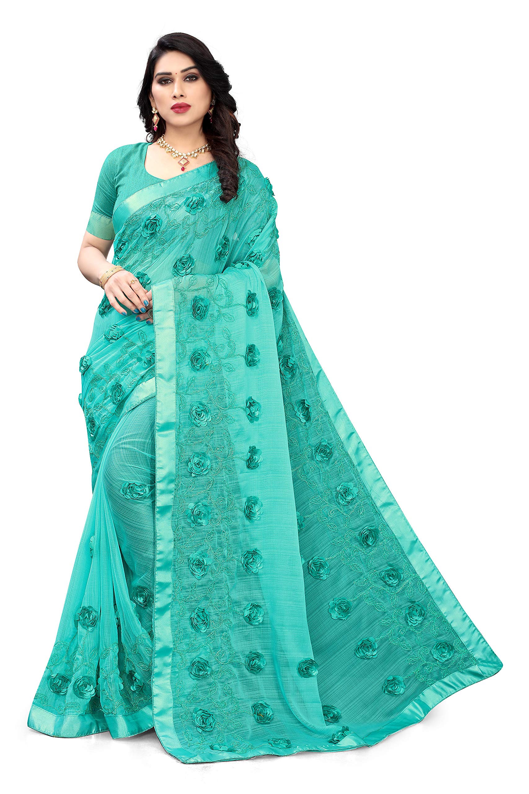 SERONA FABRICS Women's Chiffon Embroidered Work Saree With Blouse Piece