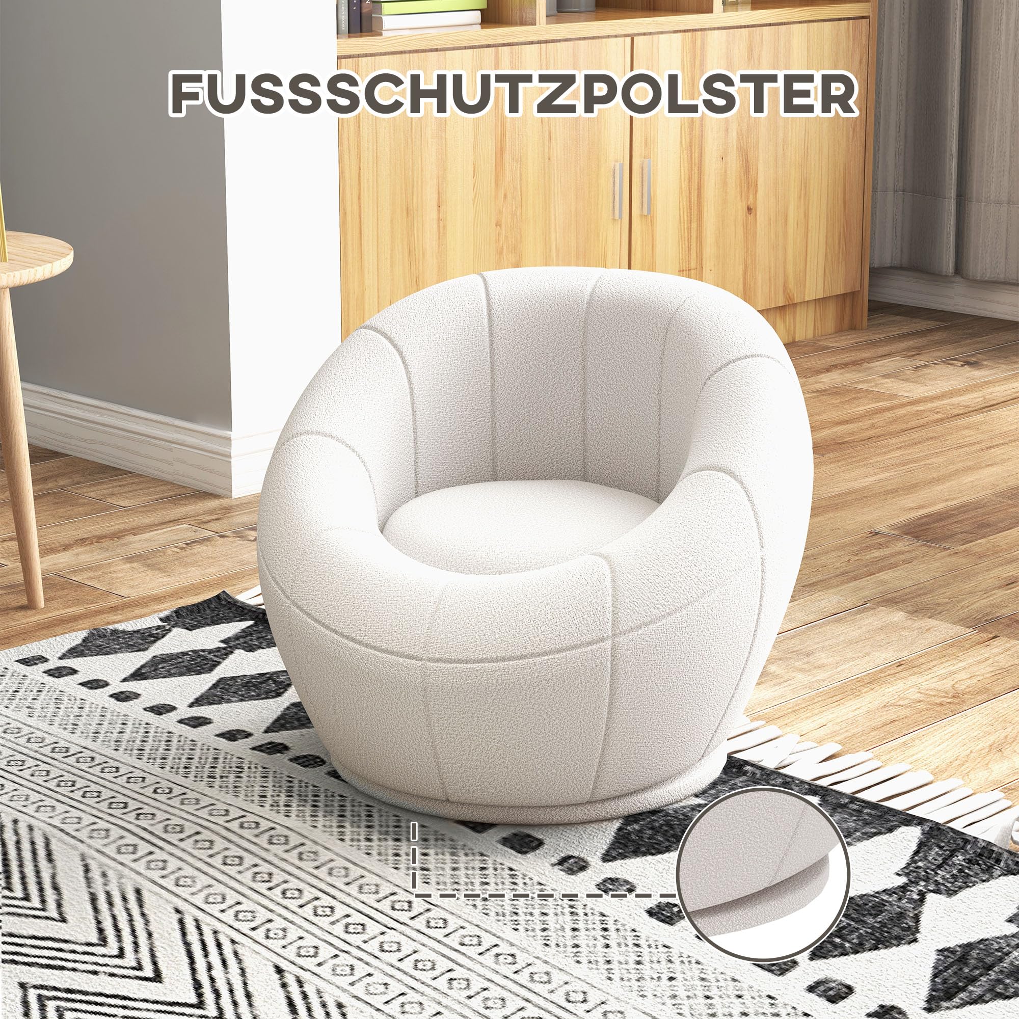 Yaheetech Fauteuil van Boucle-Weefsel, Gestoffeerde Stoel Zonder Armleuning, 360° Draaibare Stoel, Woonkamer/Slaapkamer/Ontvangstruimte, Wit