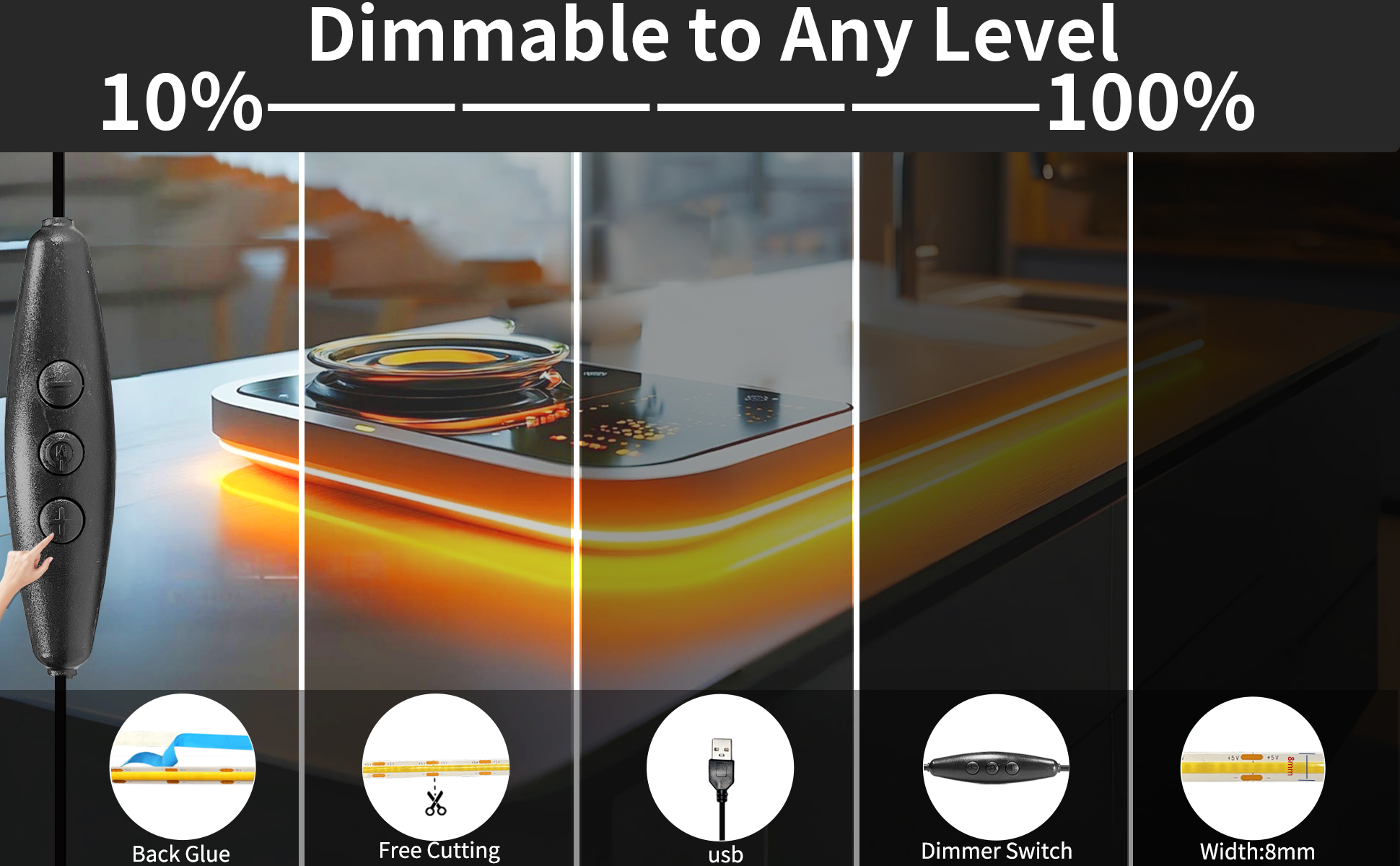 Image of 5V 8mm Width USB COB LED Strip Lights with Dimmable Switch,Natural White 4000K,320LEDs /M,8W /M,CRI90,6.56FT /2M,Electroplated Double-Sided Panel Light Strip,IP20,for Indoor Decoration