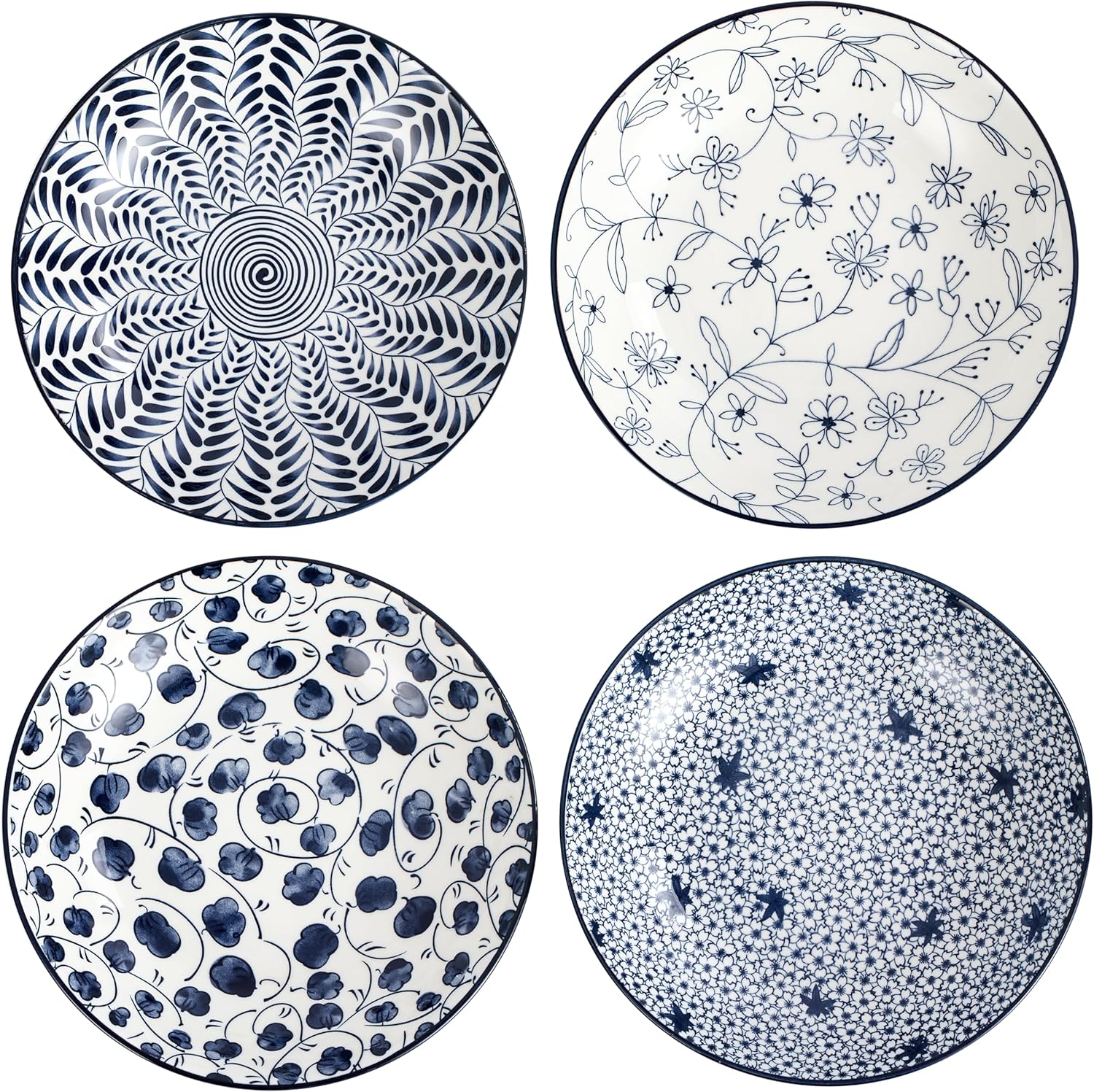 Ceramic Pasta Bowls Set,Blue and White 8 inch Salad Bowl Floral Dinner Shallow Plates Set of 4, Serving Bread Appetizer Dessert Snack (8 Inch)