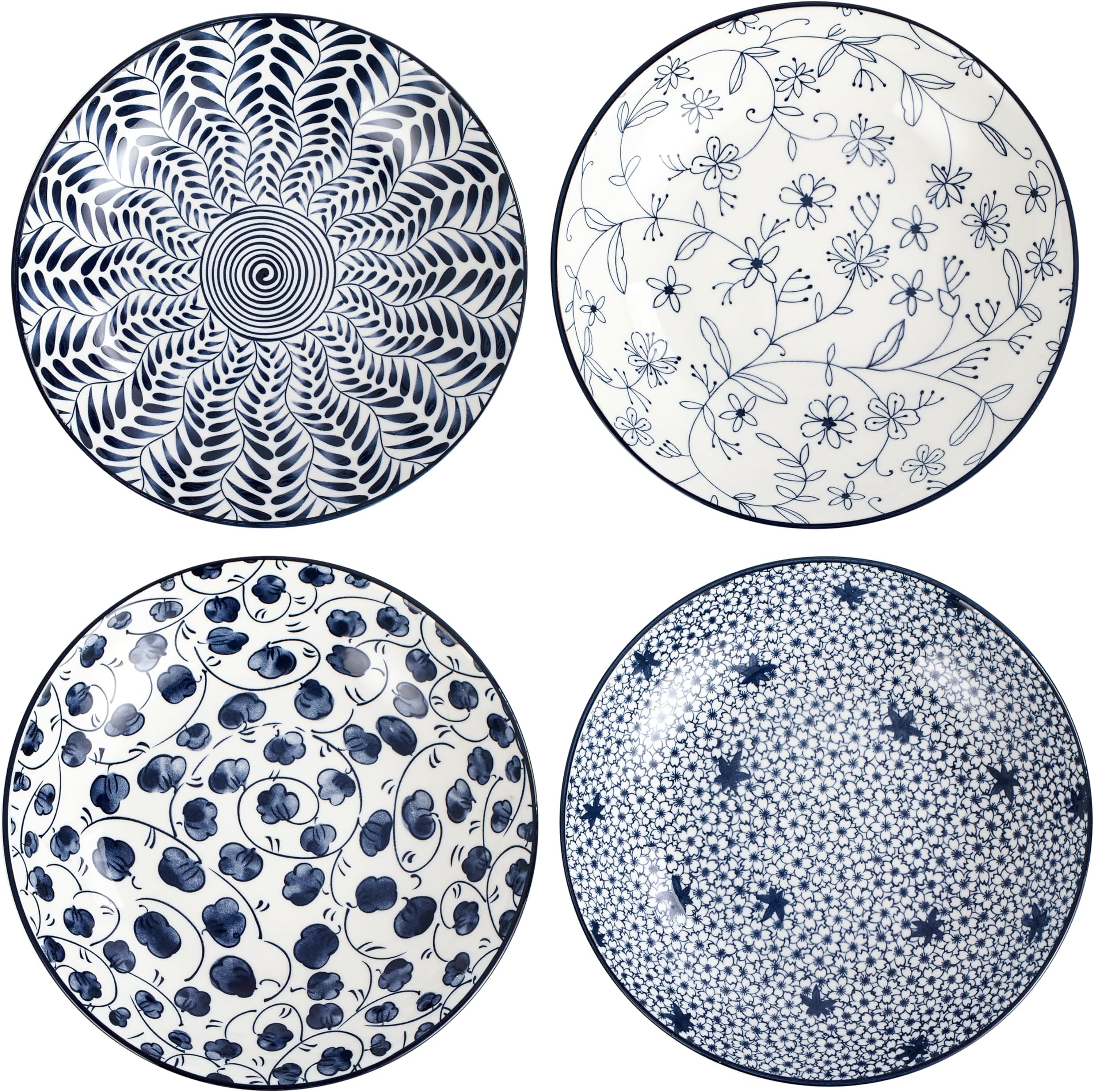 Ceramic Pasta Bowls Set,Blue and White 8 inch Salad Bowl Floral Dinner Shallow Plates Set of 4, Serving Bread Appetizer Dessert Snack (8 Inch)