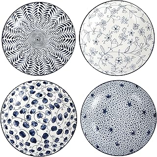 Swuut Ceramic Salad Plate Set,Blue and White 8 inch Serving Plates Floral Dinner Shallow Plates Set of 4, Serving Bread Ap... Price In India