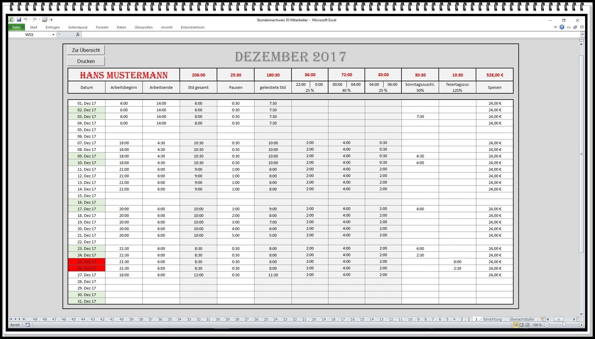 Digitale Arbeitszeiterfassung Stundenzettel Stundennachweis mit automatischer Berechnung Zuschläge Excel