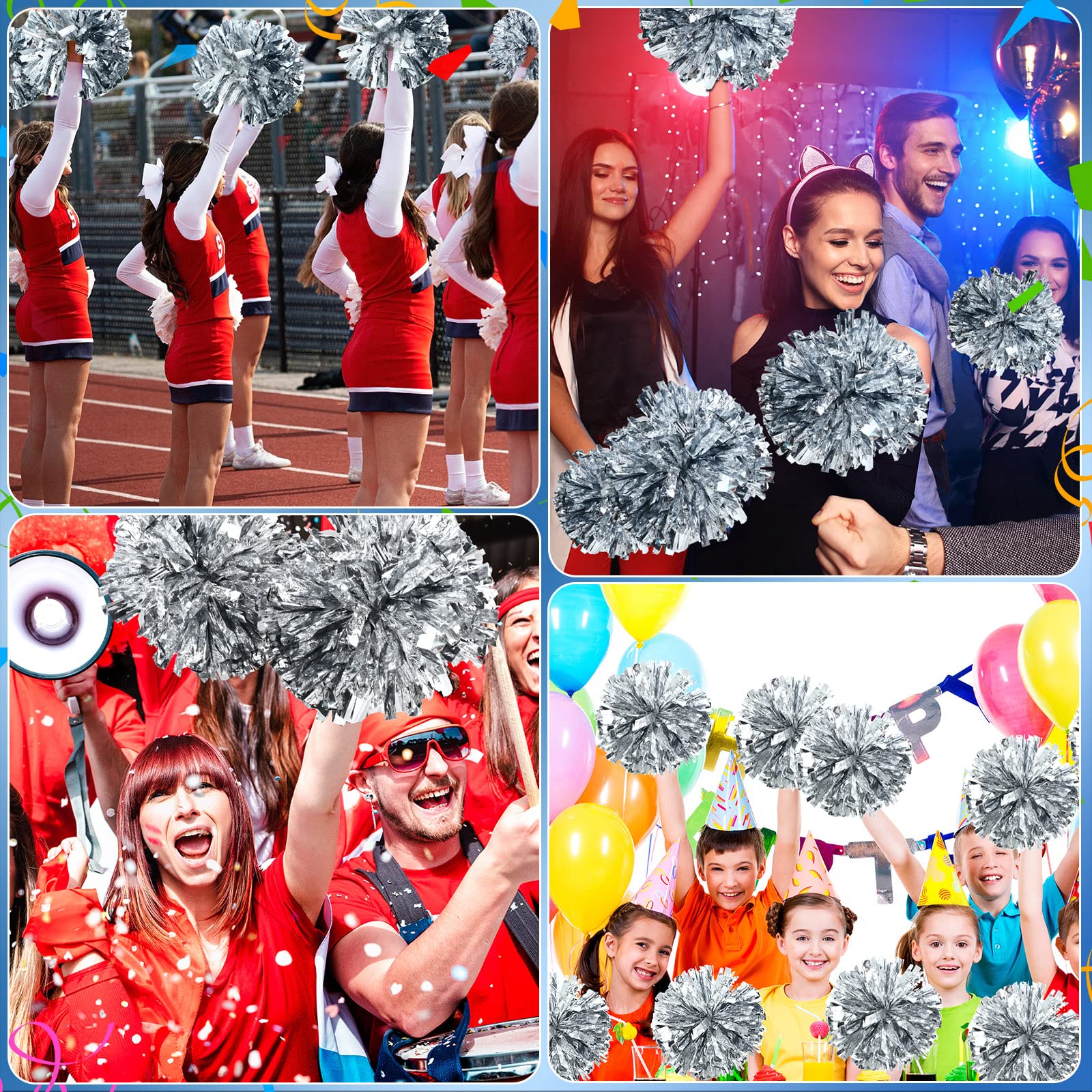Yunsailing Cheerleading-Pompons mit Taktstockgriff, 36,7 cm, metallisch, Cheering Squad, Pompons für Teamsport, Fußball, Tanzen, Jubeln, Erwachsene, Silber, 24 Stück