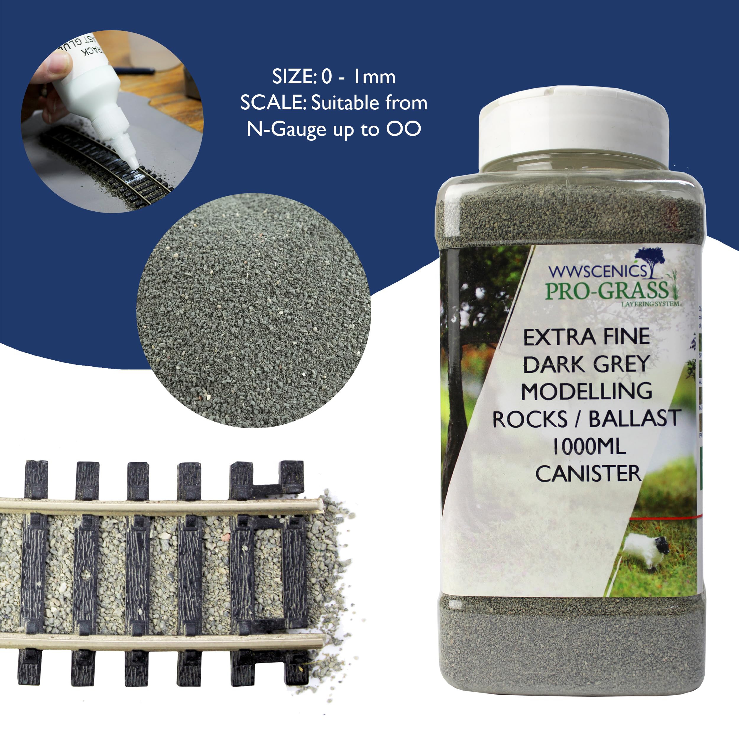 WWScenics Bardzo cienkie, ciemnoszare, modelarskie kamienie balastowe, 1000 ml, zestaw 2 szt. z klejem gąsienicowym 100 ml, realistyczne balastowanie torów do modeli pociągów i układów