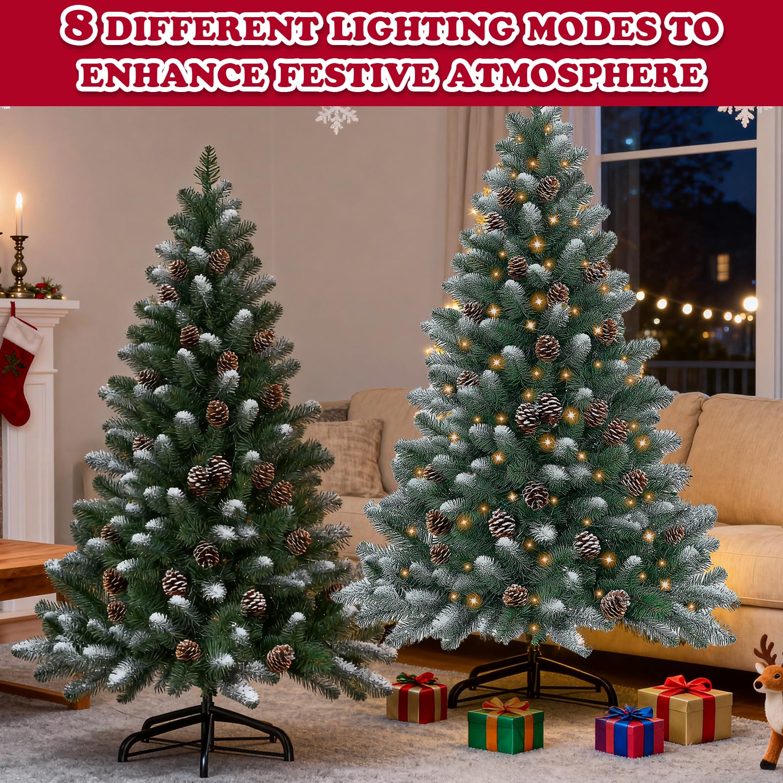 Árbol de Navidad verde de 210 cm con nieve blanca 820 puntas de PVC, 350 luces LED y 36 piñas, artificial plegable con soporte de metal para exterior e interior