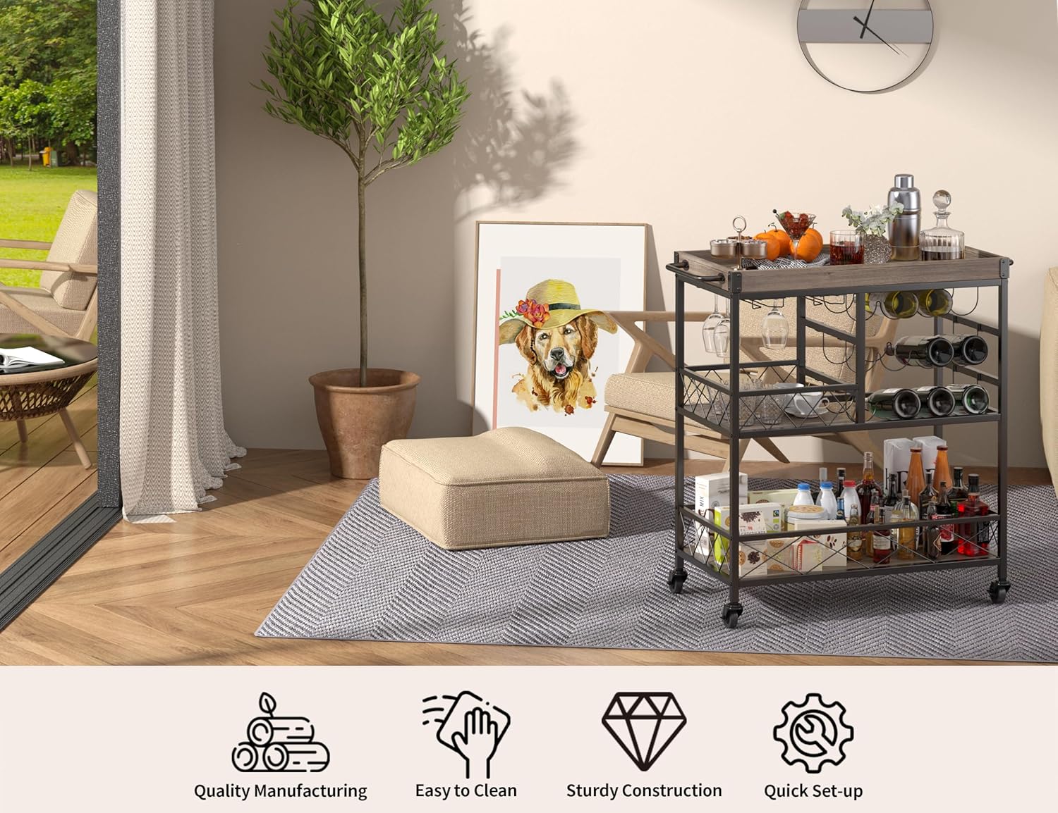 Gizoon Rolling Bar Cart, a Versatile Beverage Cart with a Removable Tray, 12-Bottle Wine Rack, and Glass Holder, The Bar Cart is Perfect for Kitchen, Dining Room, or Outdoor Use (Gray)