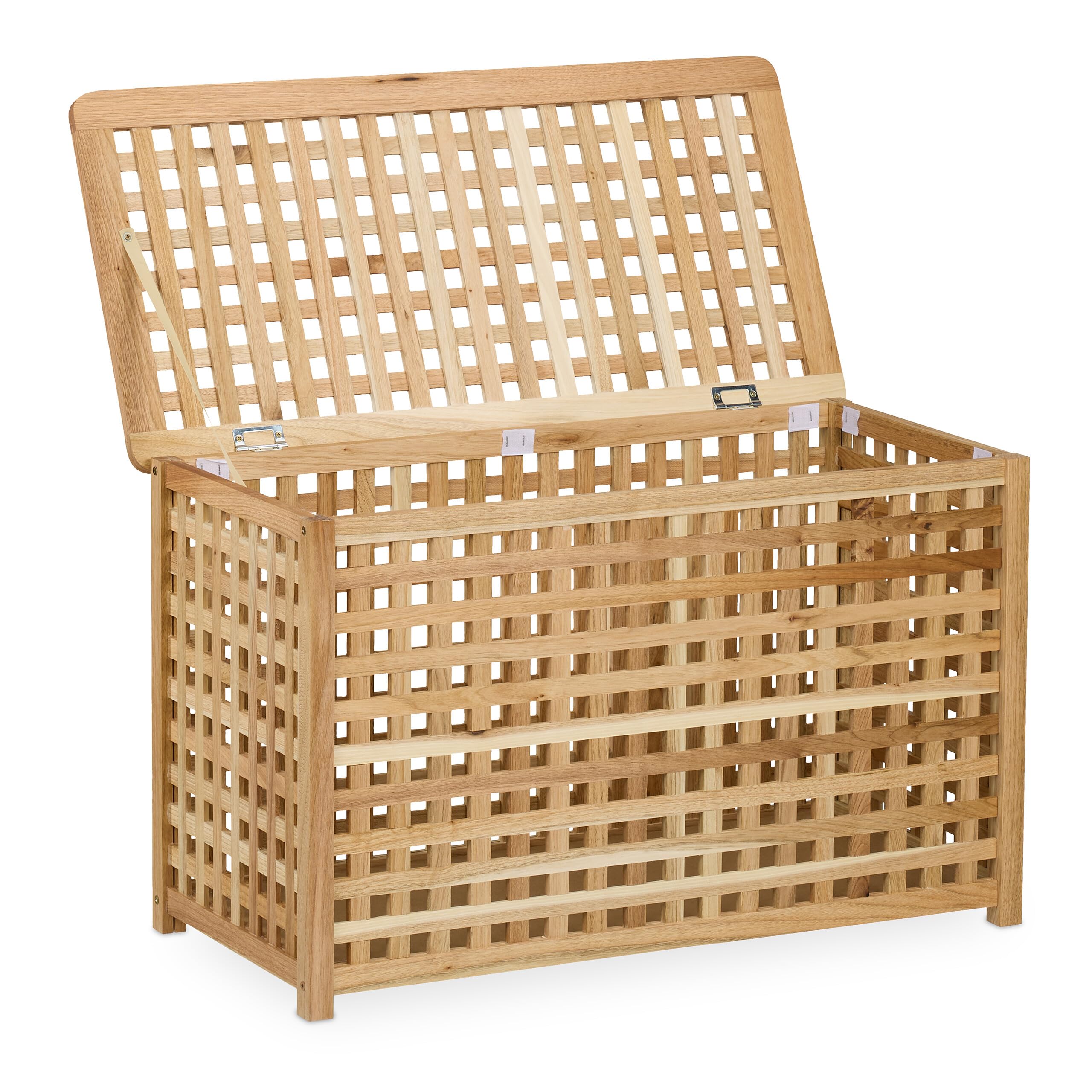 Relaxdays Wäschetruhe, herausnehmbarer Innensack, 90 l, HBT: 47x78x48 cm, Wäschesammler mit Deckel, Walnussholz, natur
