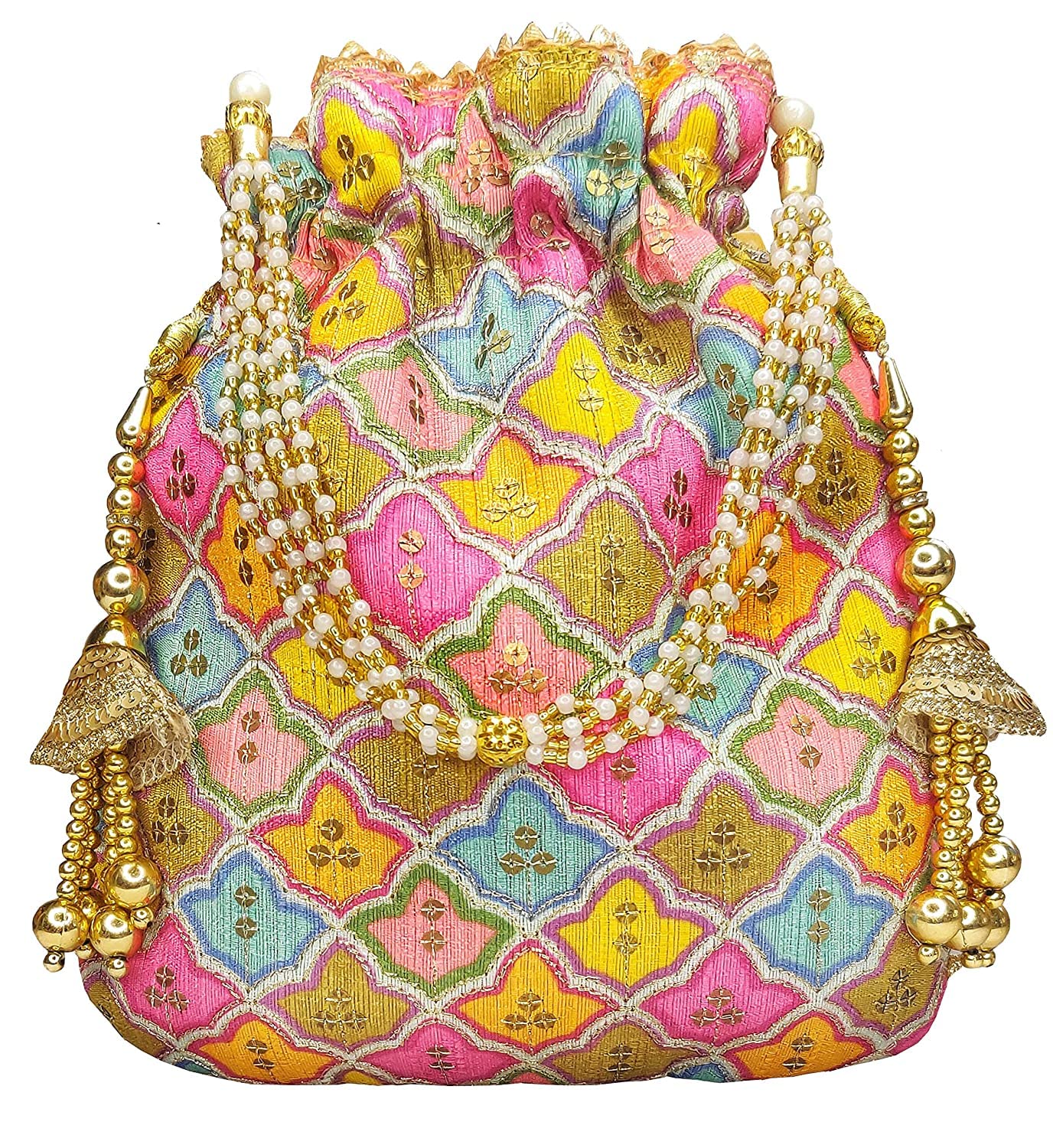 DUCHESSMulti Potli Bag with Tassel Pearl Handle For Wedding and Party For Women, Multicolour