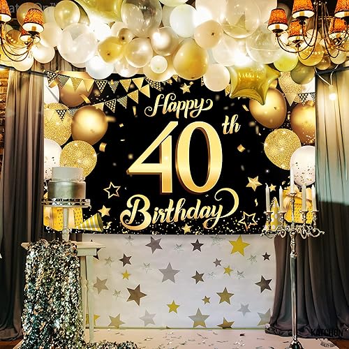 Miniatura 3 de KatchOn, Cartel de feliz cumpleaños número 40 negro y dorado, XL, 72 x 44 pulgadas, telón de fondo de feliz cumpleaños 40, decoraciones de