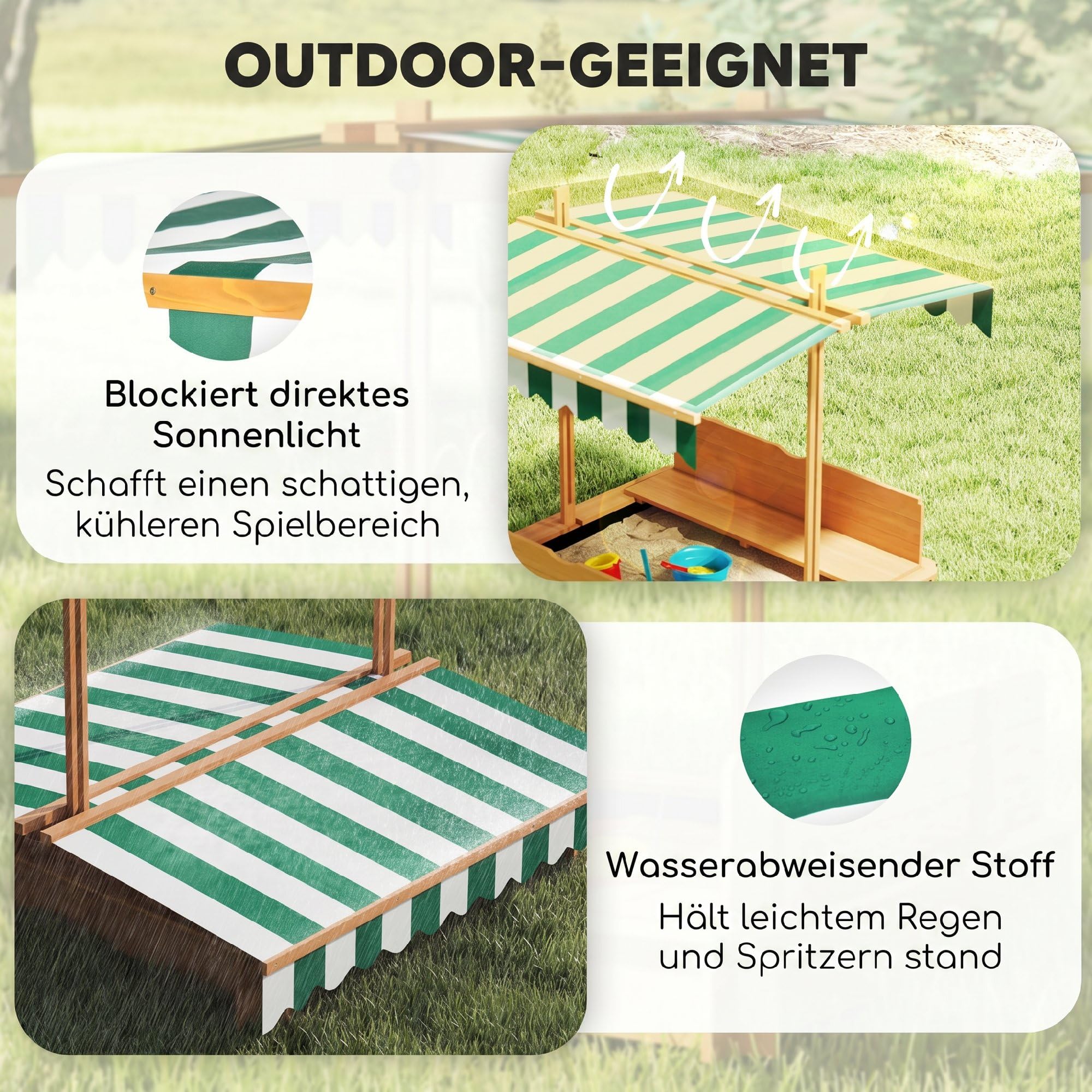 Outsunny Sandbox 106 x 106 cm per bambini con copertura regolabile in altezza, sabbiera in legno con panche schienale per esterni, giardino, terrazza, balcone