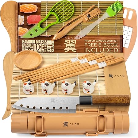 Sushi Making Kit- Complete Sushi Making Kit for Beginners & Pros Sushi Makers, Perfect Sushi Making Kitchen Accessories Like Sushi Knife, 2 Sushi Mats, Rice Bazooka, Dipping Plate, & More (Bamboo)