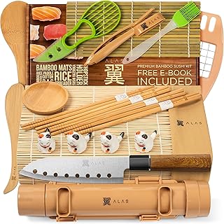 Sushi Making Kit- Complete Sushi Making Kit for Beginners & Pros Sushi Makers, Perfect Sushi Making Kitchen Accessories Like Sushi Knife, 2 Sushi Mats, Rice Bazooka, Dipping Plate, & More