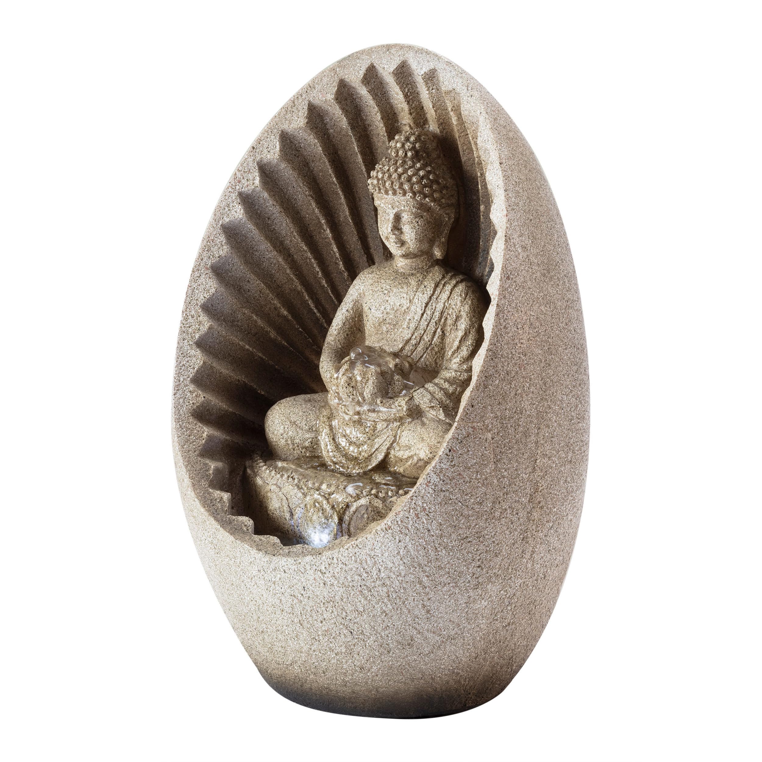 Alpine Corporation 11" Tall Indoor/Outdoor Buddha Tabletop Water Fountain with LED Lights, Beige