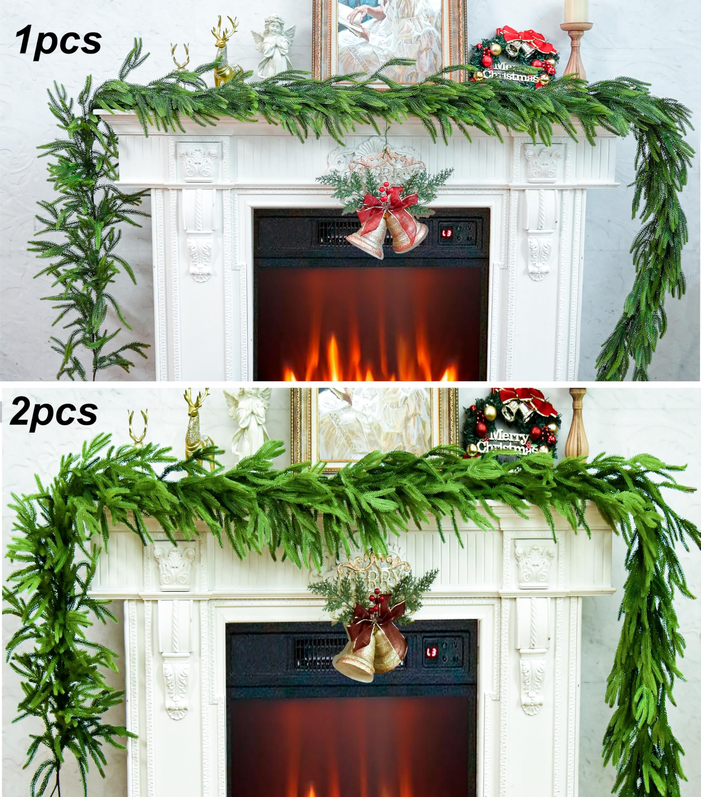 2 Pcs 6 Ft Christmas Garland Real Touch Norfolk Pine Garland Christmas Decorations Faux Realistic Winter Pine Garlands for Mantle, Table, Stairs, Doorframe, Fireplace Indoor Outdoor Holiday Xmas Decor