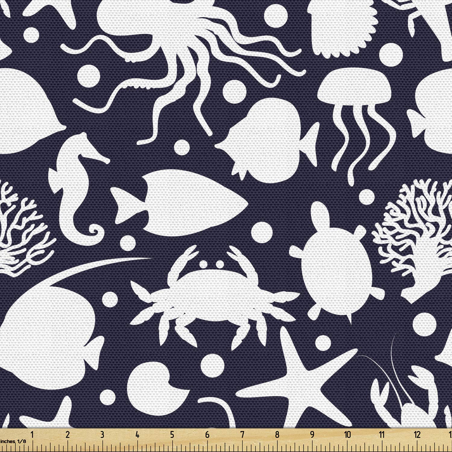 Lunarable Underwater Fabric by The Yard, Marine Life Silhouettes Turtles Crabs Seahorse Octopuses Polka Dot Backdrop, Decorative Fabric for Upholstery and Home Accents, 3 Yards, Night Blue