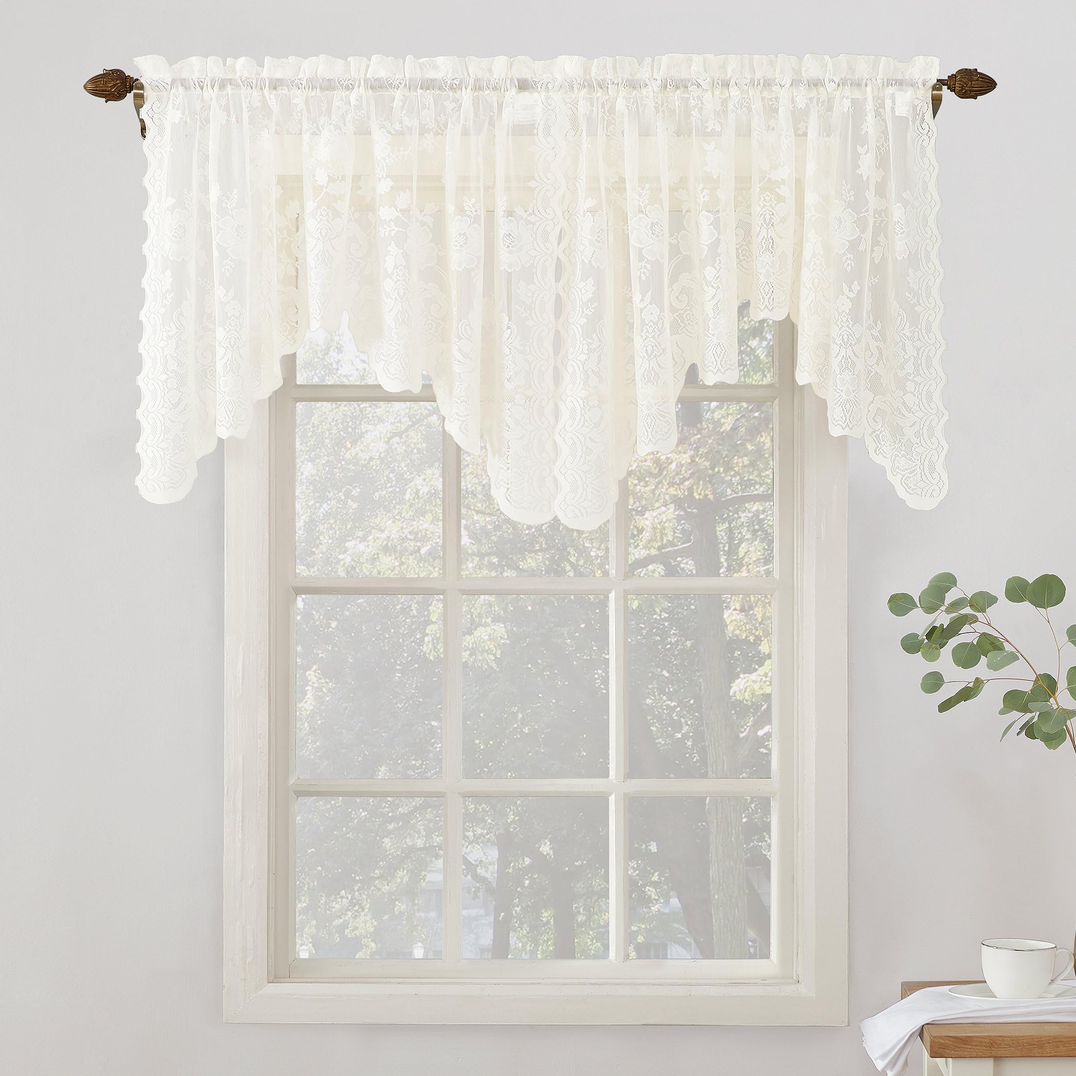 No. 918 24520 Alison Floral Lace Sheer Rod Pocket Curtain Valance, 58" x 32", Ivory