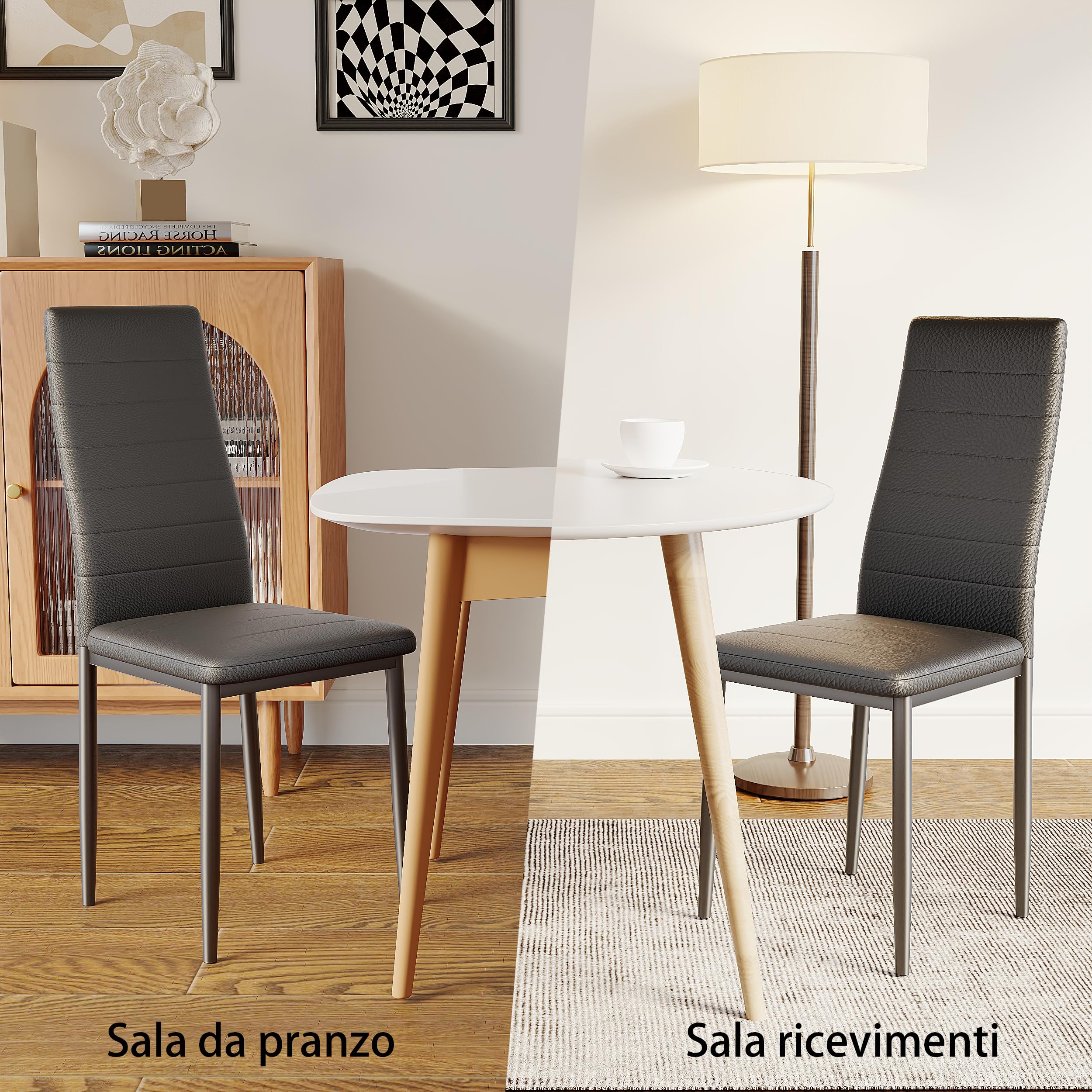 DEWINNER Sedia da pranzo nordica (set da 6), design ergonomico, gambe in metallo, imbottita vintage, sedia da cucina casual con cuciture, nero