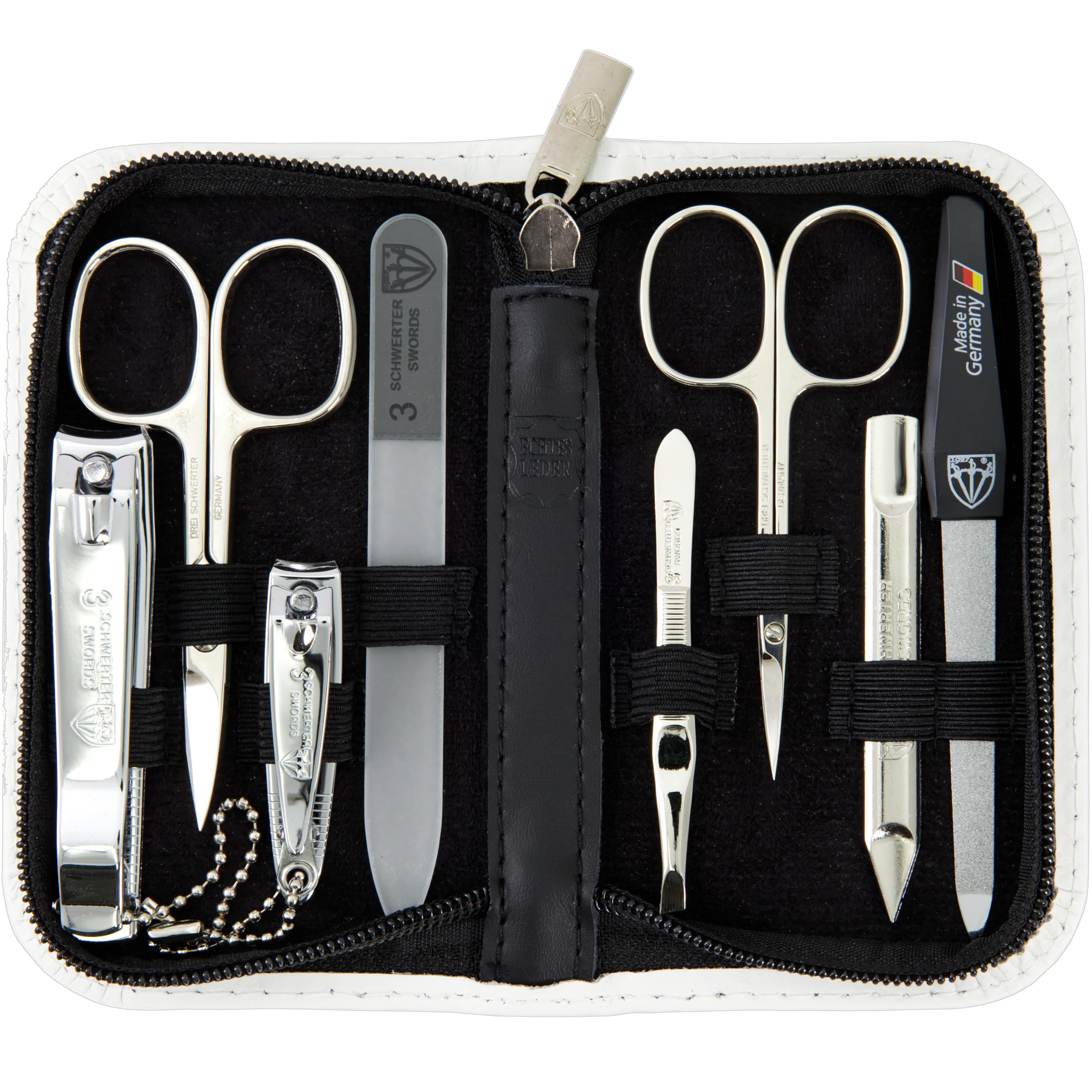 Swords Germany - Set di 8 pezzi per manicure e pedicure, per la cura professionale delle unghie, custodia in vera pelle bianca, Made in Germany