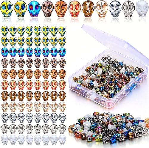 200 cuentas de calavera de cristal de esqueleto, cuentas de calavera de cristal coloridas con caja de almacenamiento, cuentas para aretes, pulseras,